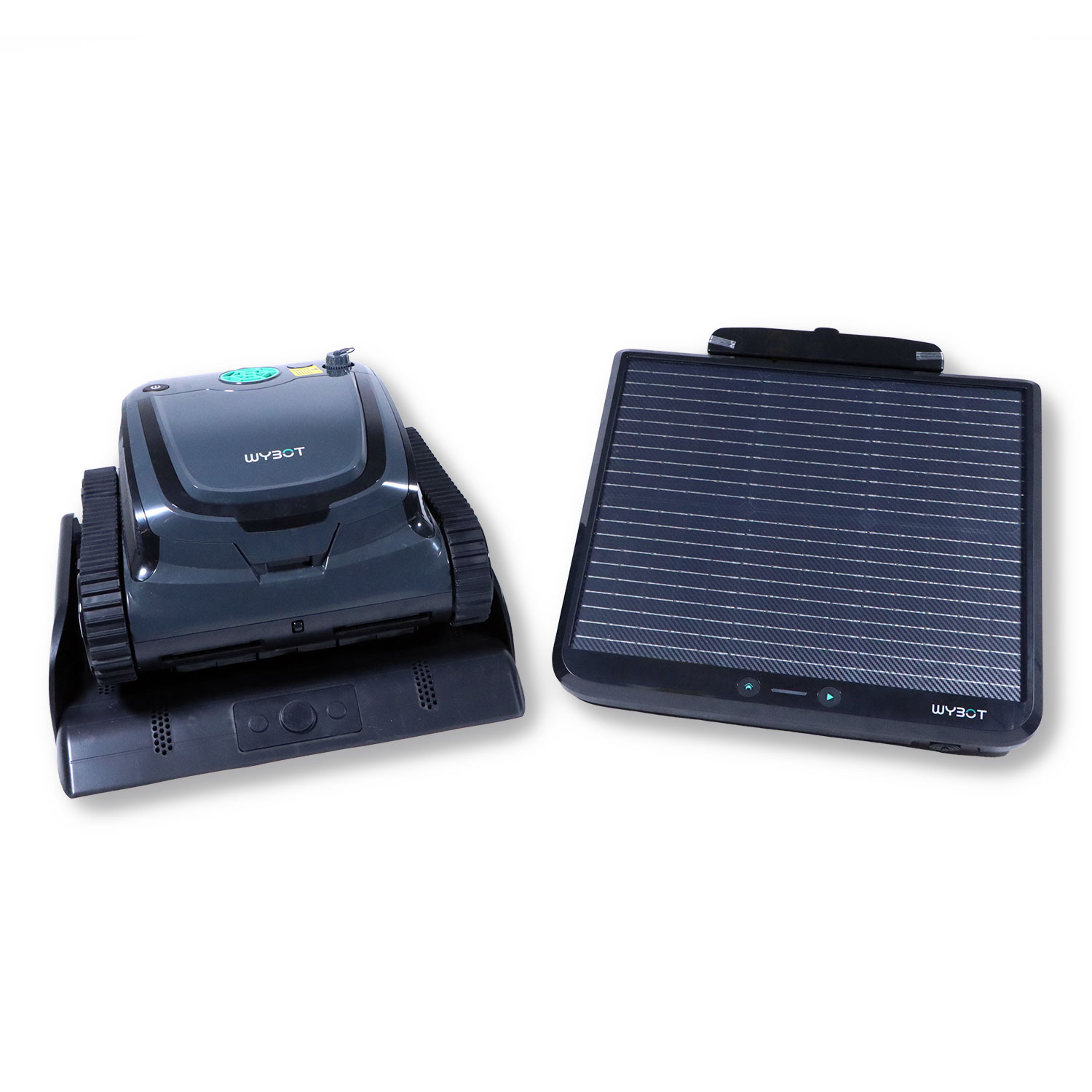 Ein grauer Roboter mit Ketten neben einem Solarpanel mit blauen Linien.