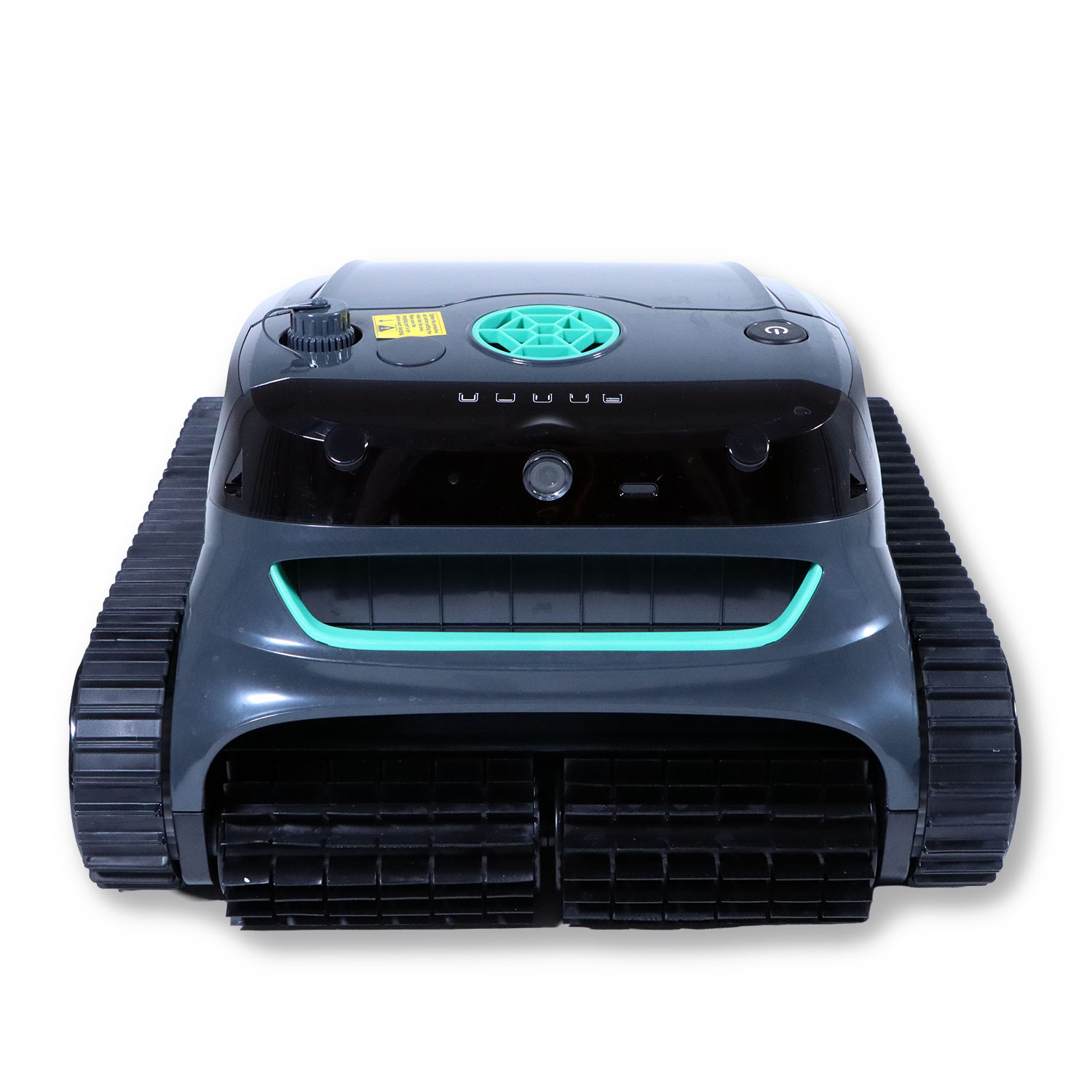 Ein grauer Poolroboter mit grünen Akzenten und Raupenantrieb.