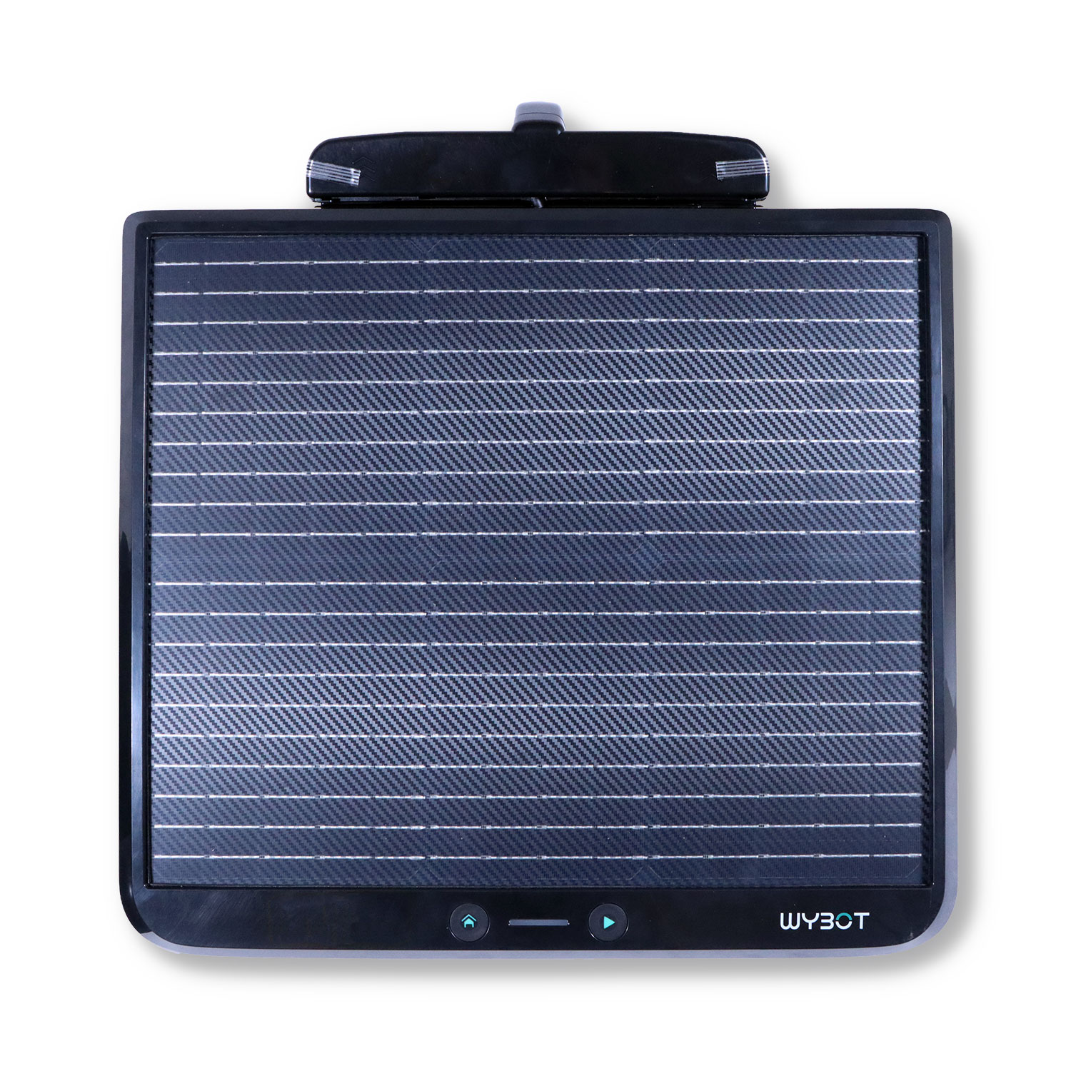 Schwarzes Wybot-Gerät mit Solarpanel und drei Tasten am unteren Rand.