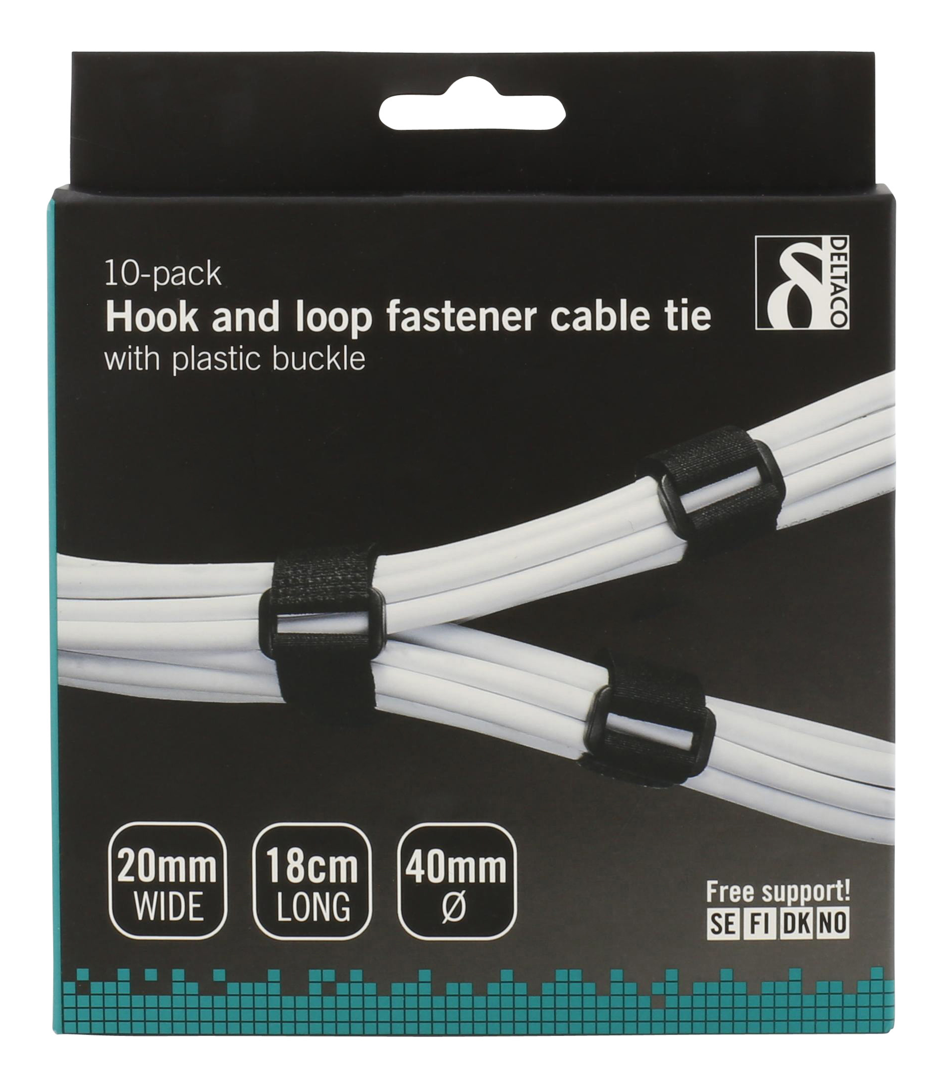 Verpackung mit Kabelbindern. Weiße Kabel mit schwarzem Klettverschluss gebunden.