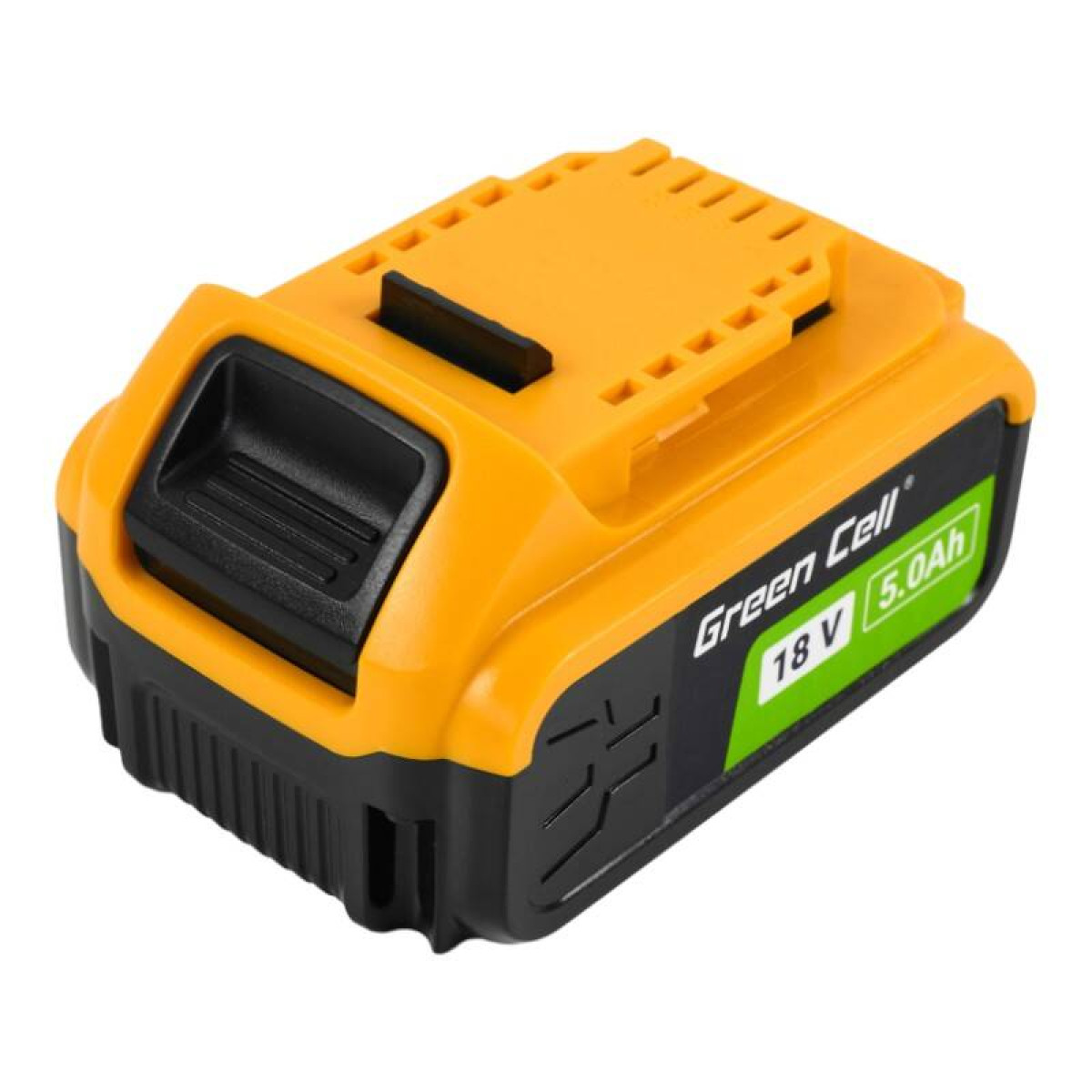 Ein orange-schwarzer Akku mit der Aufschrift "Green Cell 18V 5.0Ah".