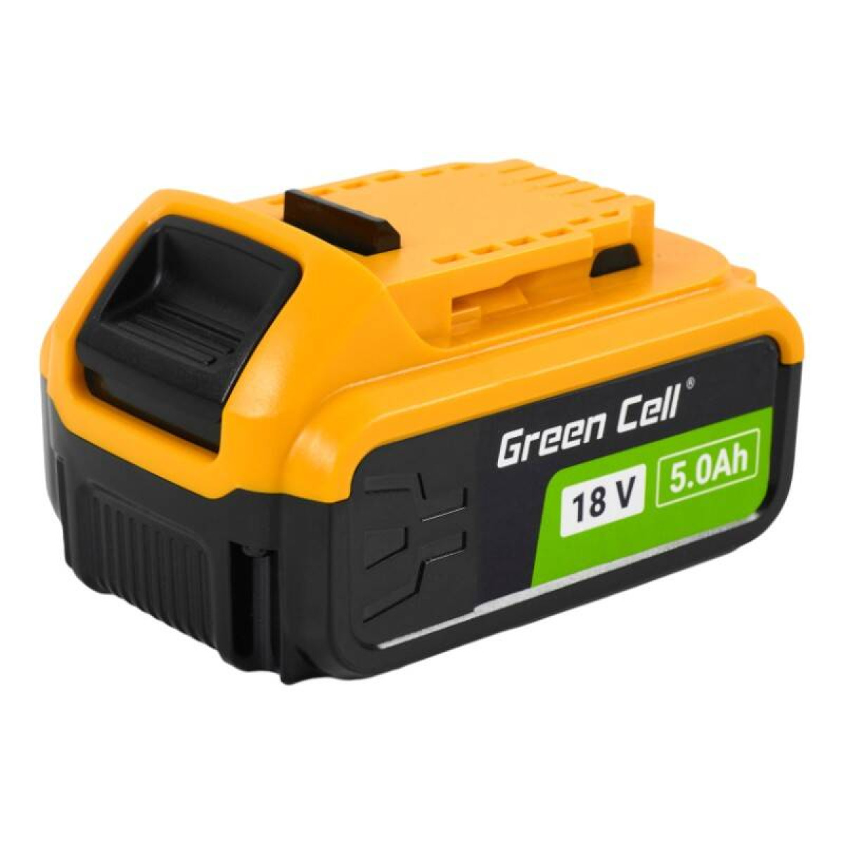 Ein gelber und schwarzer Akku mit der Aufschrift "Green Cell 18 V 5.0Ah".
