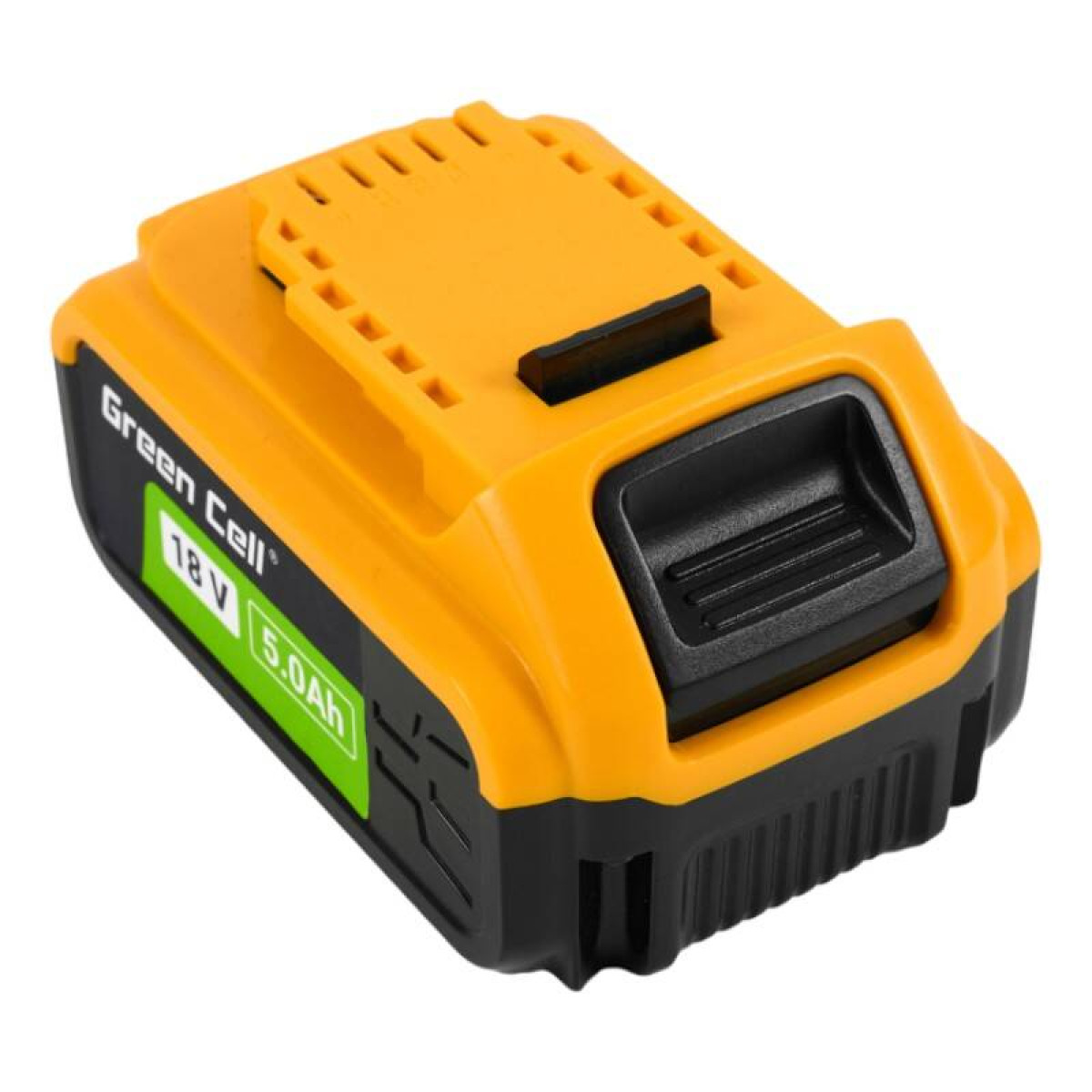 Ein gelber und schwarzer Akku mit der Aufschrift "Green Cell 18V 5.0Ah".
