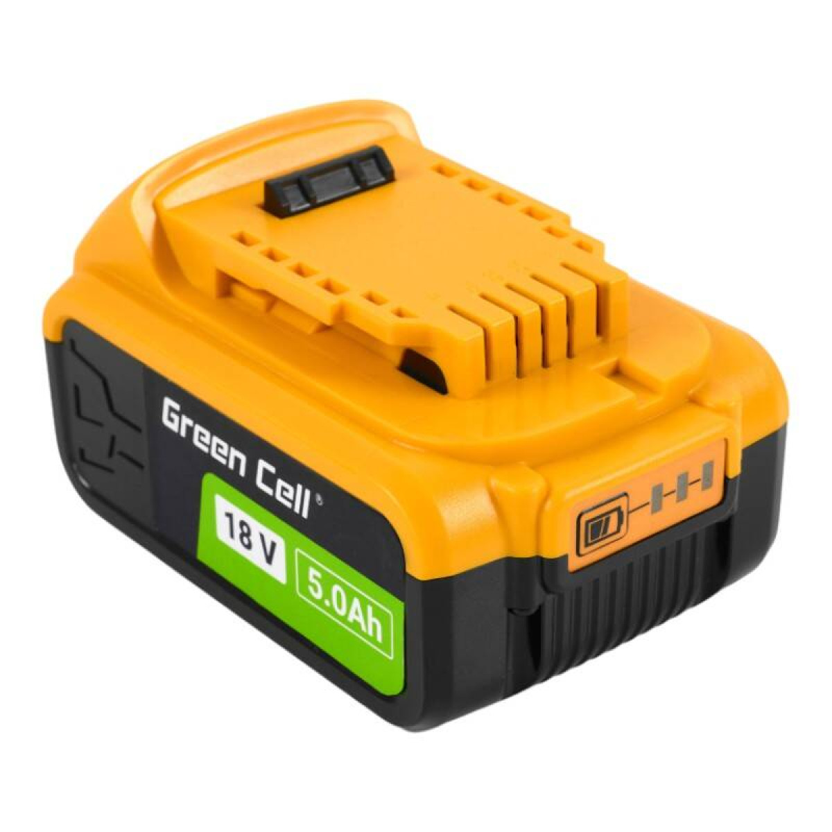 Ein gelber und schwarzer Akku mit der Aufschrift "Green Cell" und "18V 5.0Ah".