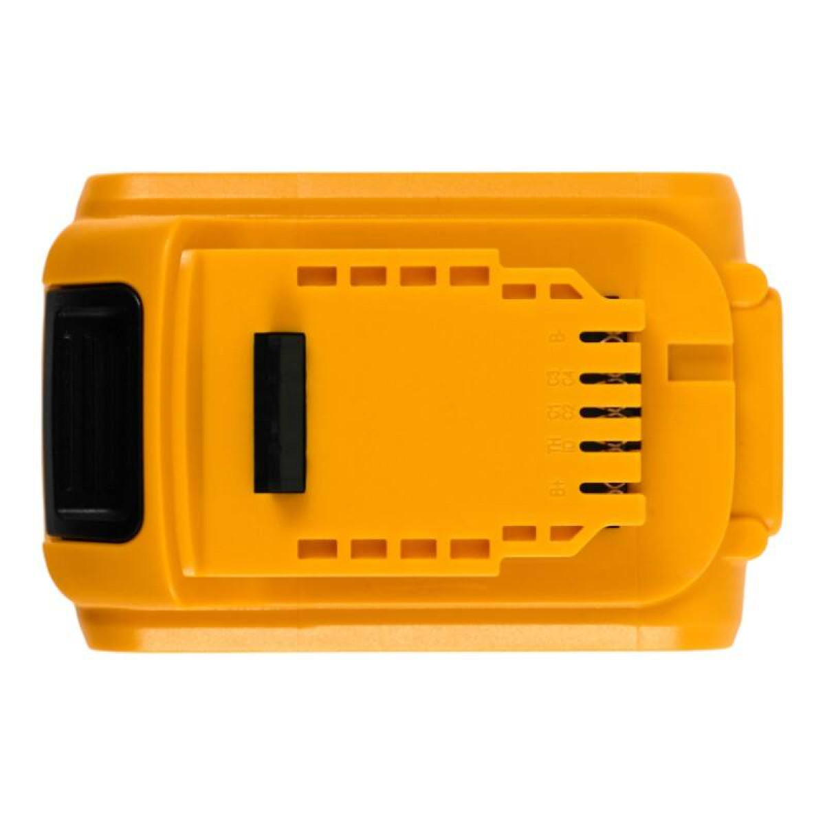 Gelbe Batterie mit schwarzen Akzenten und Kontakten.