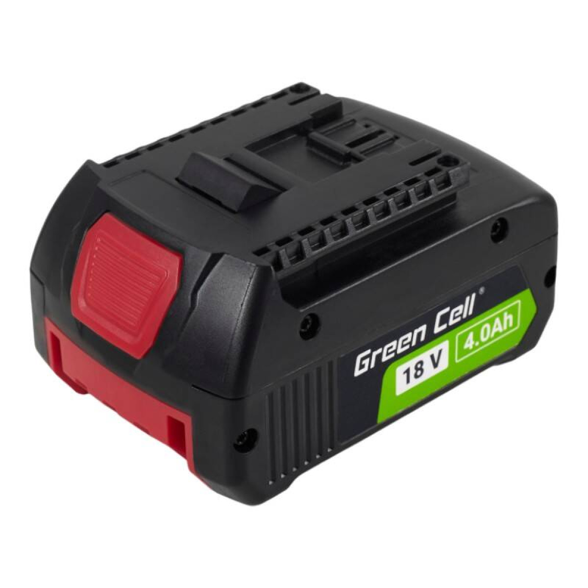 Schwarzer Akku mit roten Akzenten und grüner Beschriftung 'Green Cell 18 V 4.0Ah'.