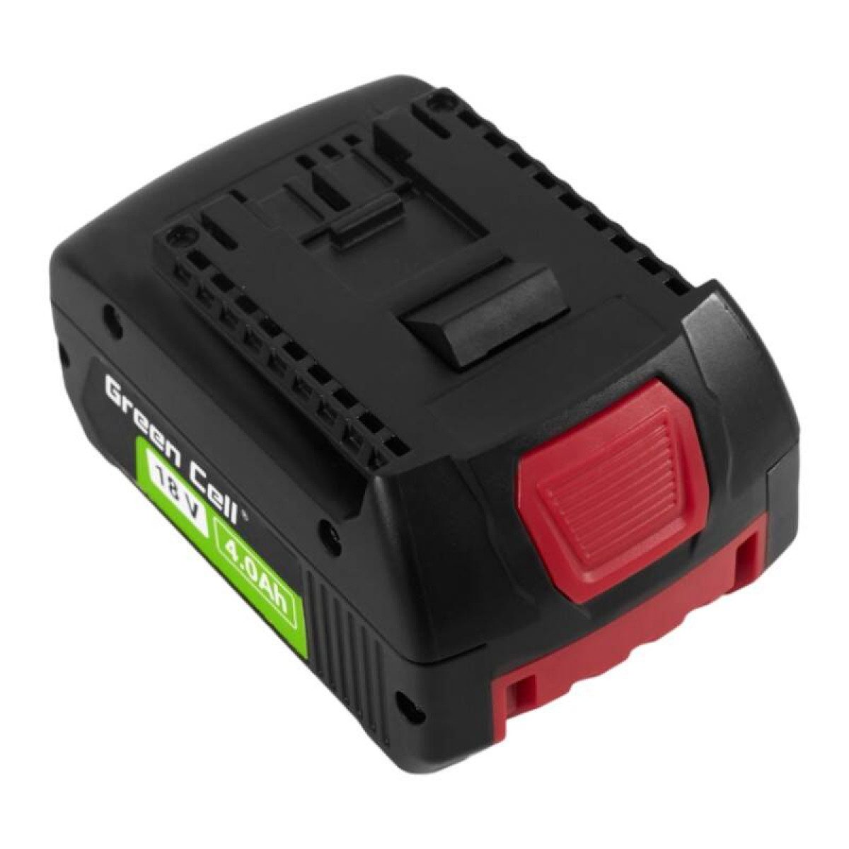 Schwarzer Akku mit rotem Knopf und grüner Anzeige 18V 4.0Ah.