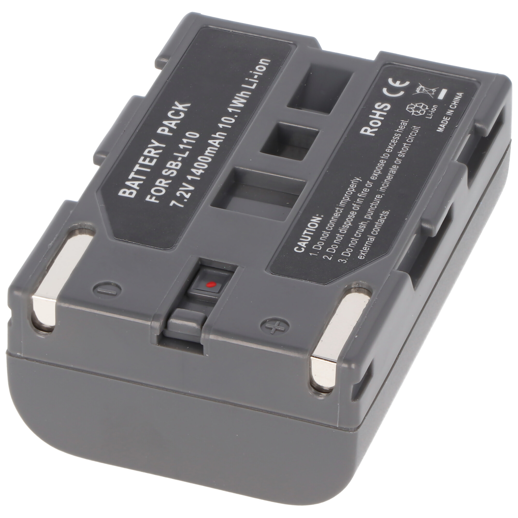 Grauer Akku für SB-L110, 7.2V 1400mAh, mit Vorsichtshinweisen.