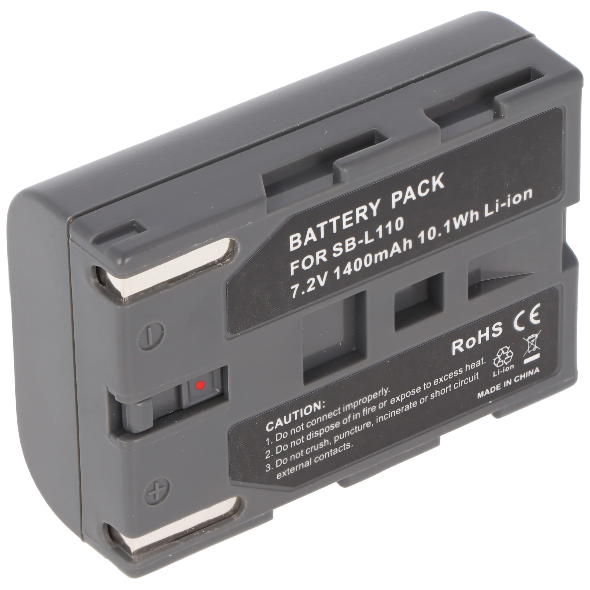 Grauer Akku für SB-L110, 7,2V 1400mAh, mit Warnhinweisen und CE-Zeichen.