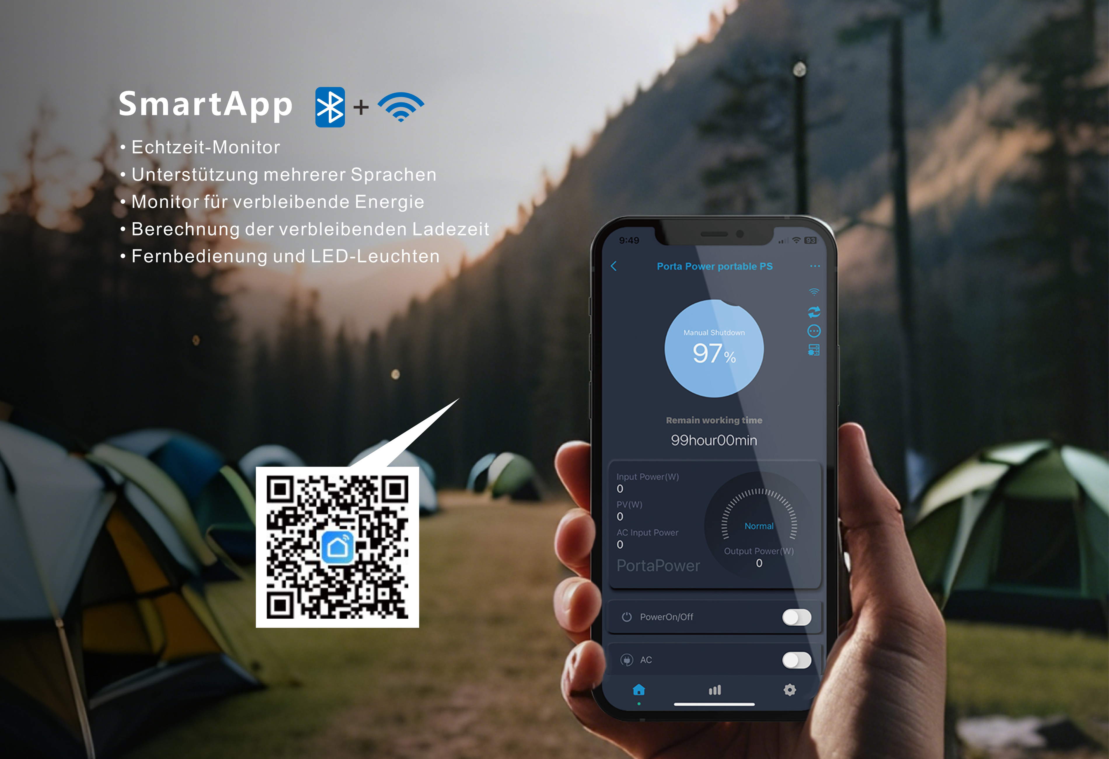 Hand hält ein Handy mit App "SmartApp" im Freien bei Sonnenuntergang. Zelte im Hintergrund.