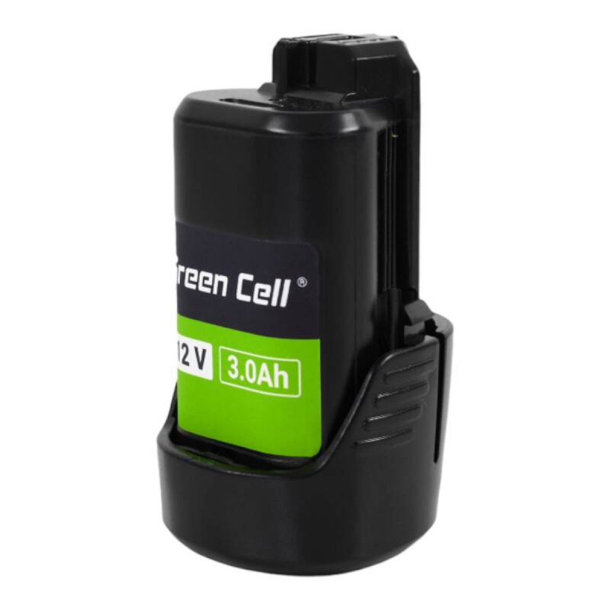 Batteria nera con etichetta verde 'Green Cell 12V 3.0Ah'.