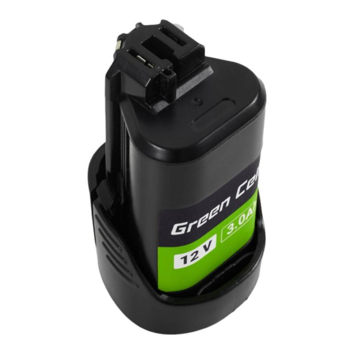 Batteria nera con etichetta verde "Green Cell 12V 3.0A" e base nera.