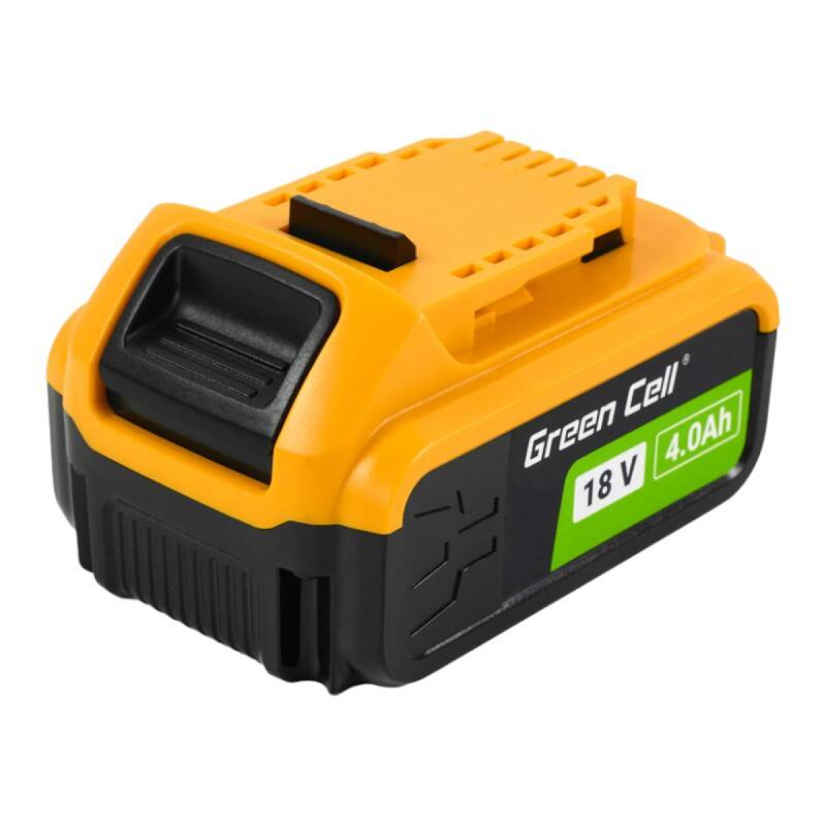 Orange und schwarzer Akku mit gelbem Griff und der Aufschrift "Green Cell 18V 4.0Ah".