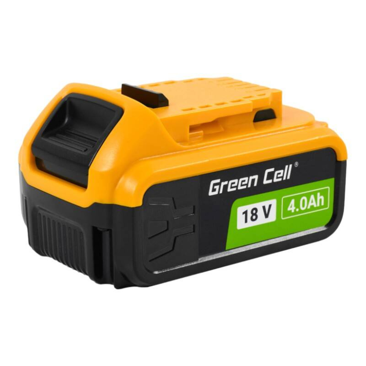 Ein gelber und schwarzer Akku mit "Green Cell 18V 4.0Ah" Aufschrift.