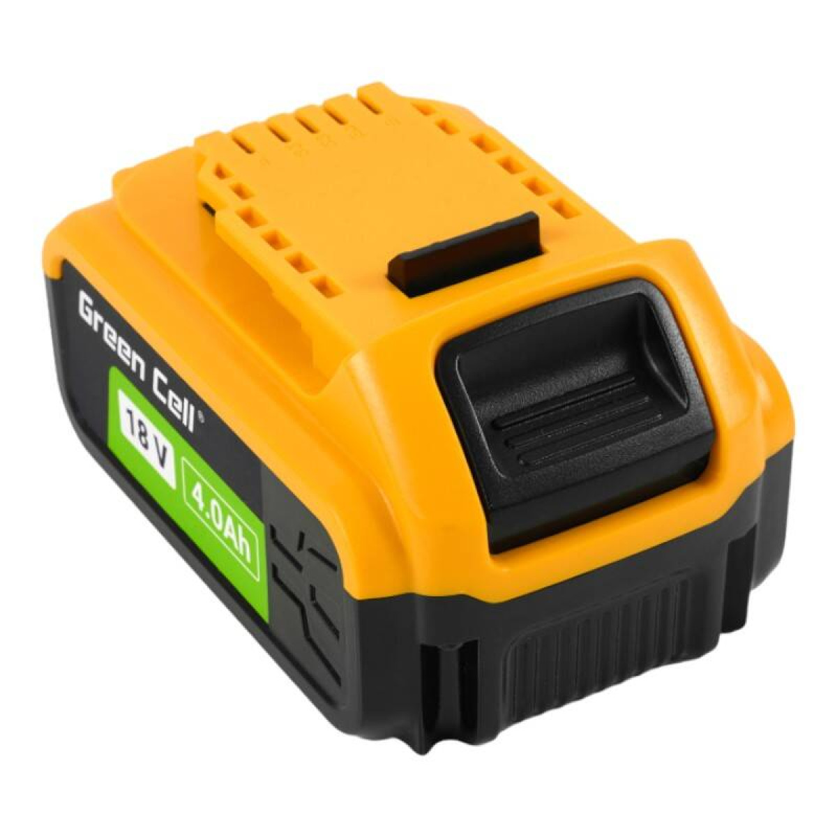 Ein gelb-schwarzer Akku mit der Aufschrift „Green Cell 18V 4.0Ah“.