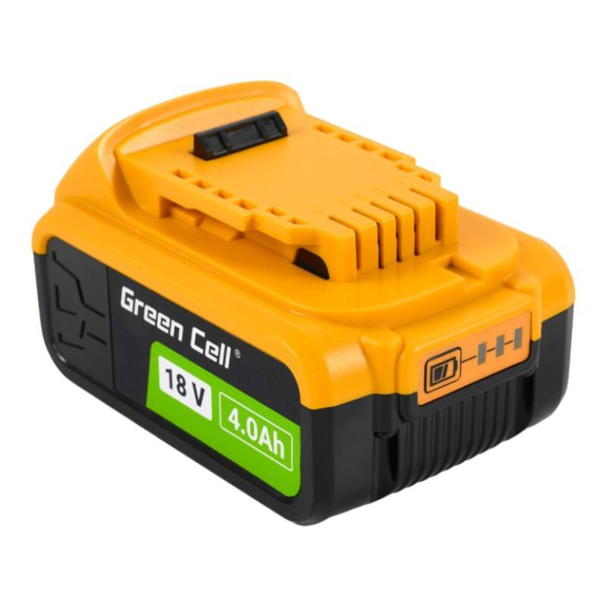 Orange und schwarzer Green Cell Akku mit 18V und 4,0Ah Anzeige.