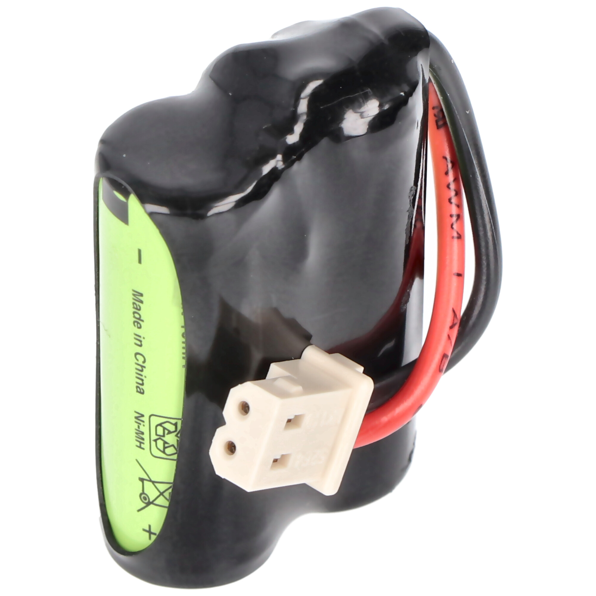 Ein schwarzer Akku mit einem grünen Etikett und rotem/schwarzem Kabel mit weißem Stecker.