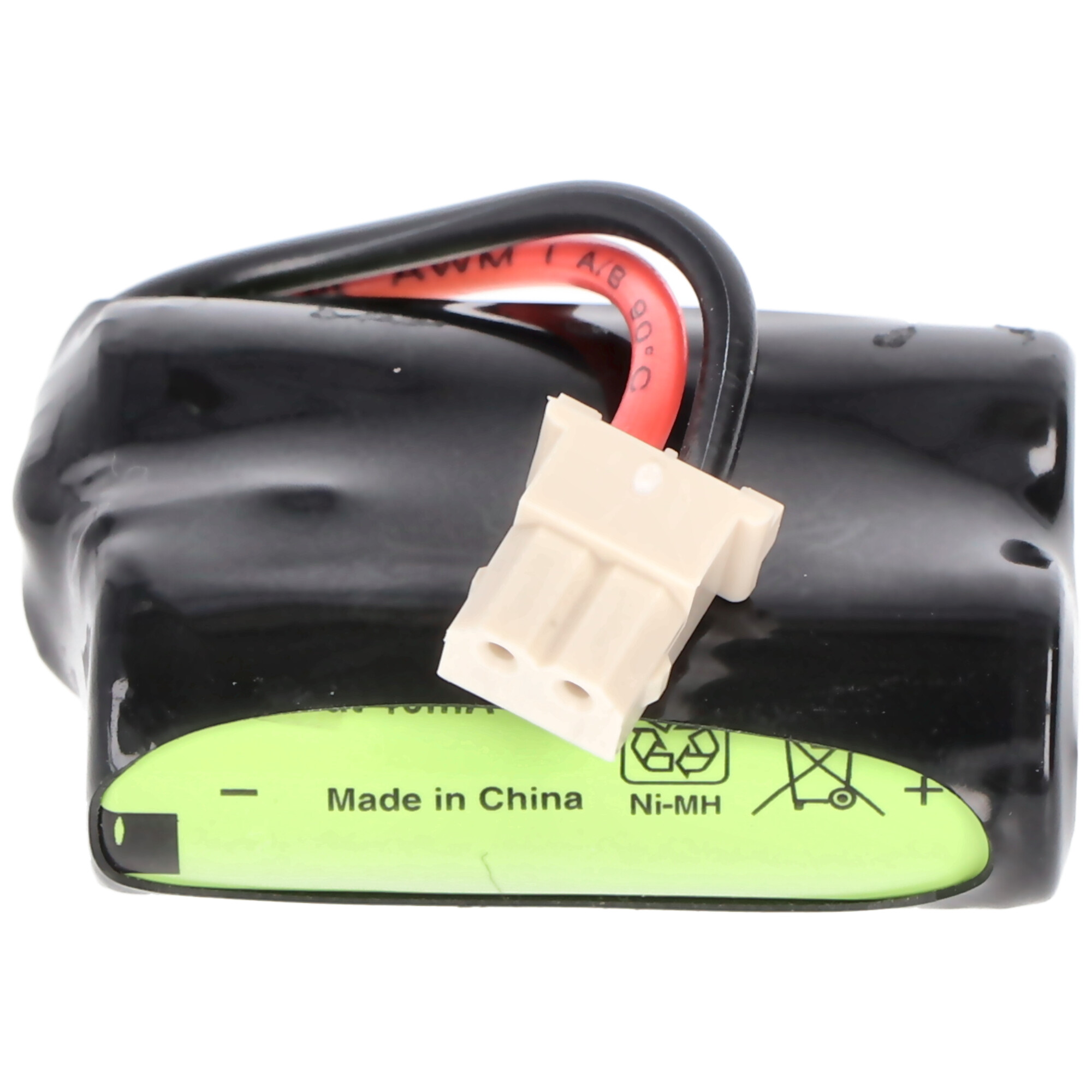 Ein schwarzer Ni-MH-Akku mit Kabeln und einem weißen Stecker.