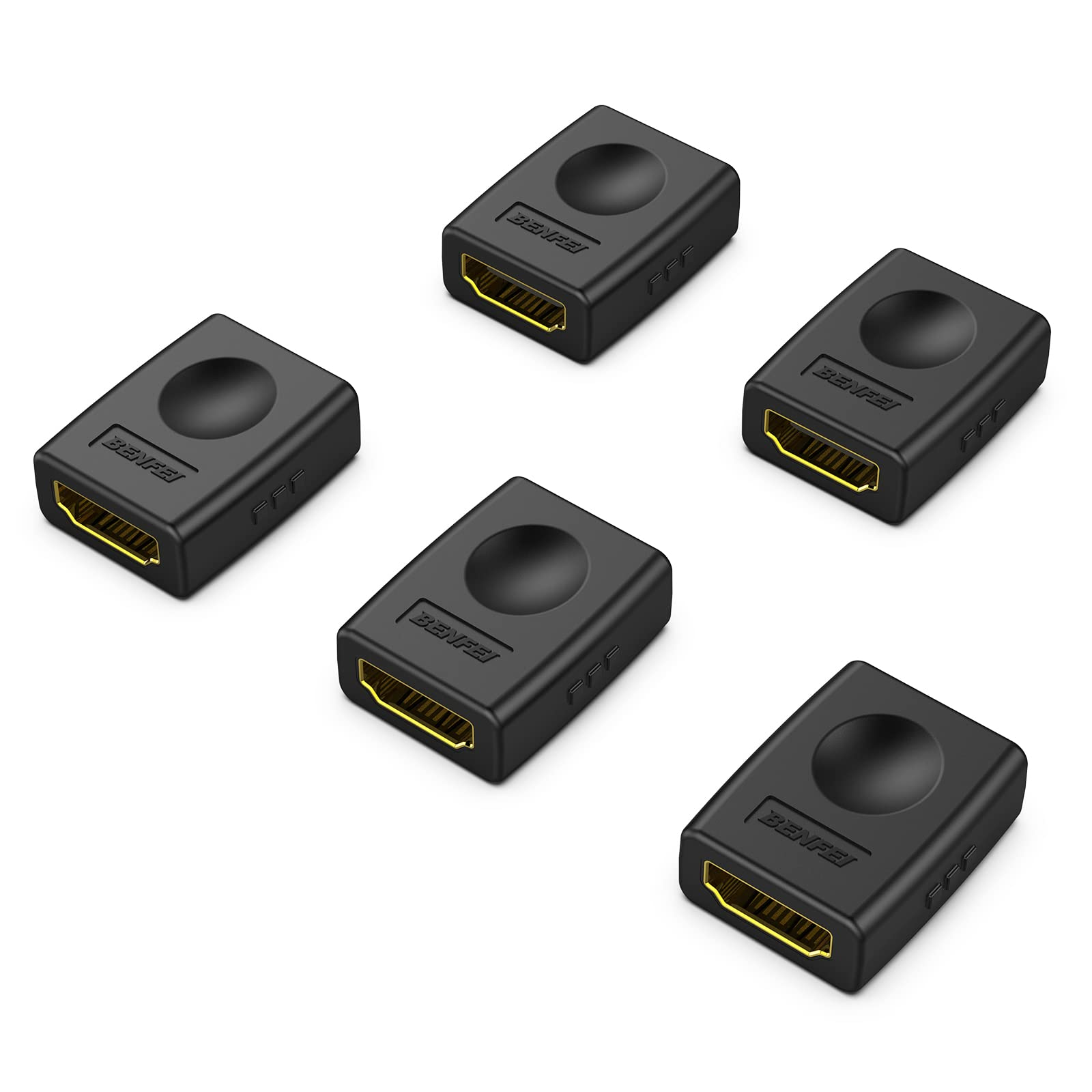 Fünf schwarze HDMI-Adapter mit goldenen Anschlüssen auf weißem Hintergrund.