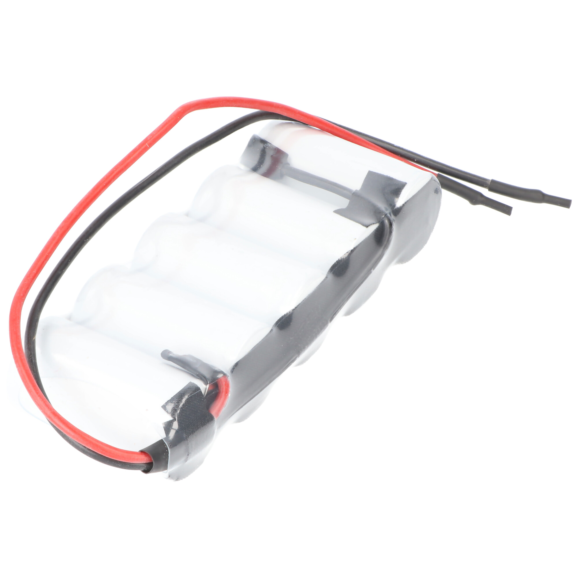 Batteriepack mit 5 weißen Zellen, verbunden mit schwarzen und roten Kabeln.