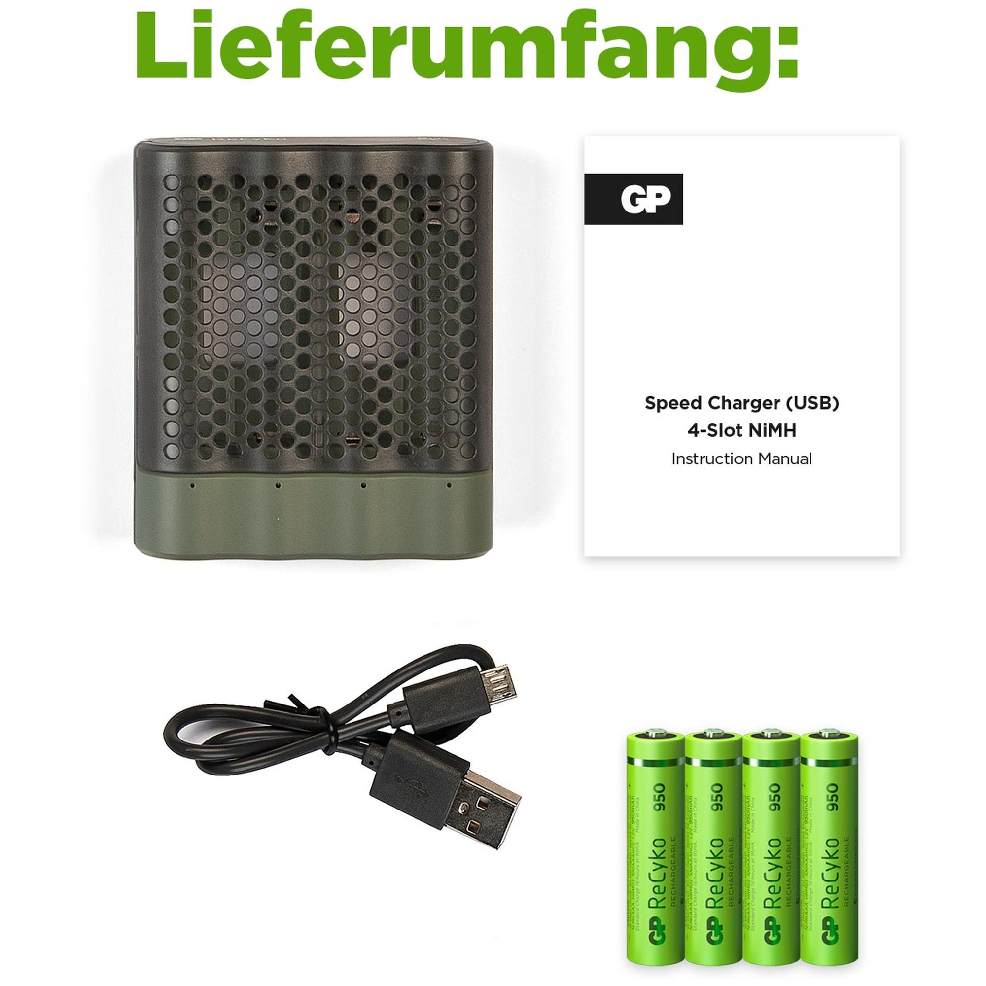 Lieferumfang: Ladegerät, Kabel, Anleitung und vier AA-Akkus.