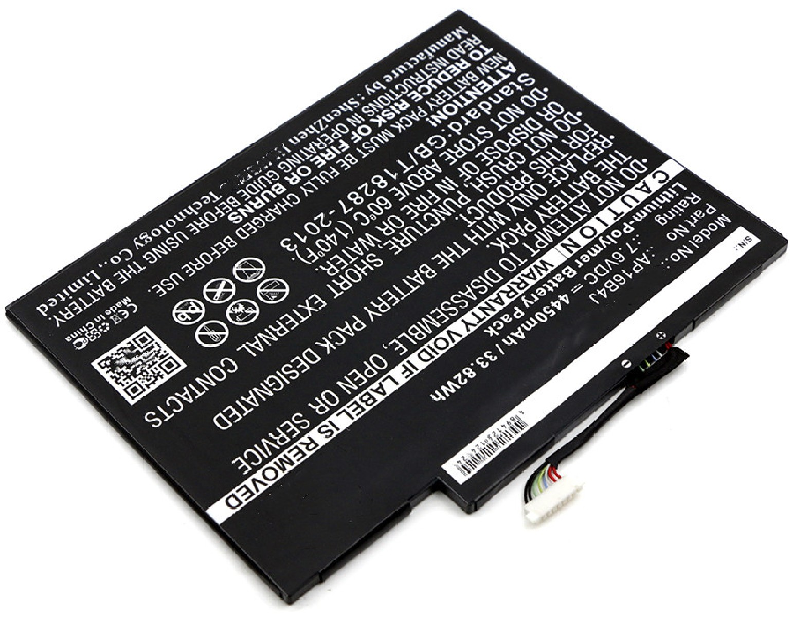 Schwarzer Lithium-Polymer-Akku mit weißen Warnhinweisen und Anschlusskabel.