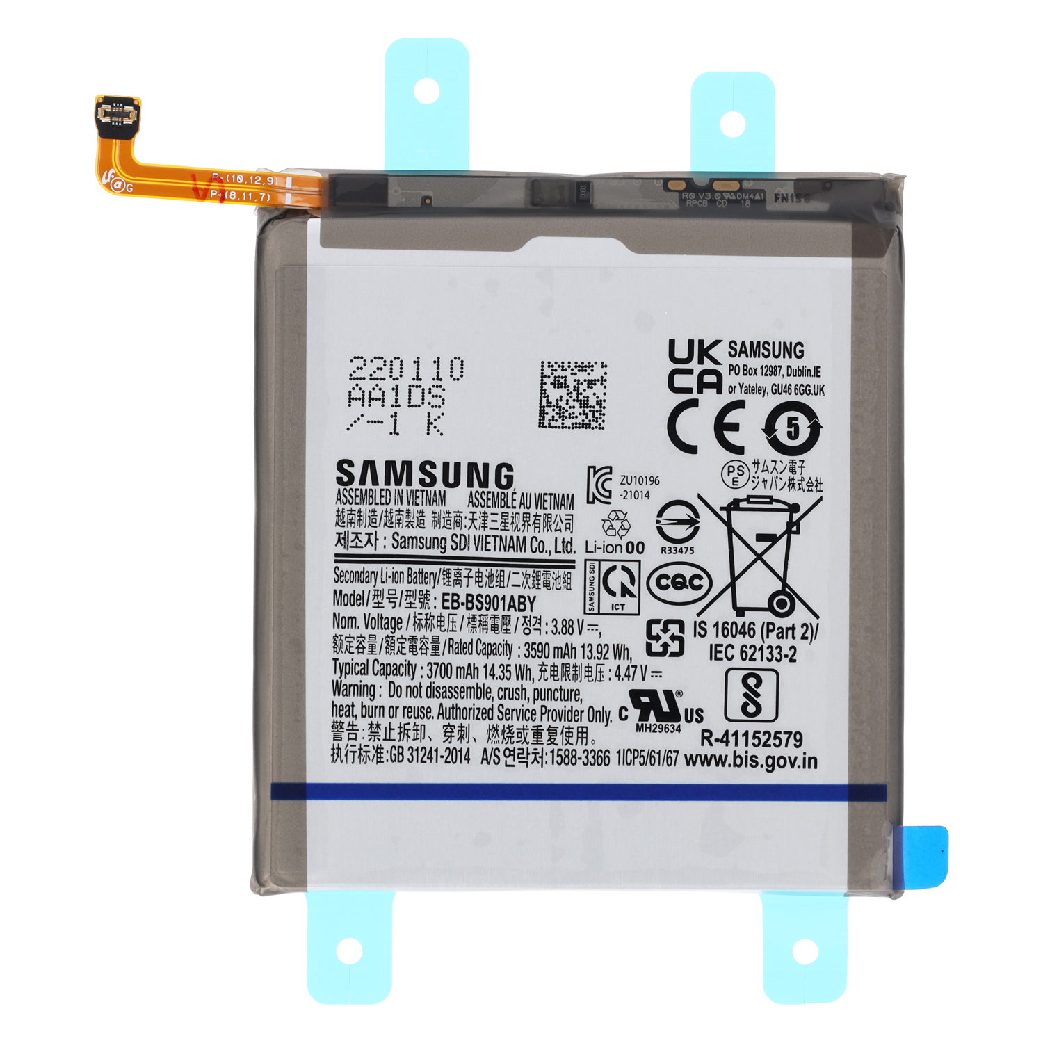 Ein Samsung Li-Ionen-Akku EB-BS901ABY aus Vietnam mit detaillierten Spezifikationen.
