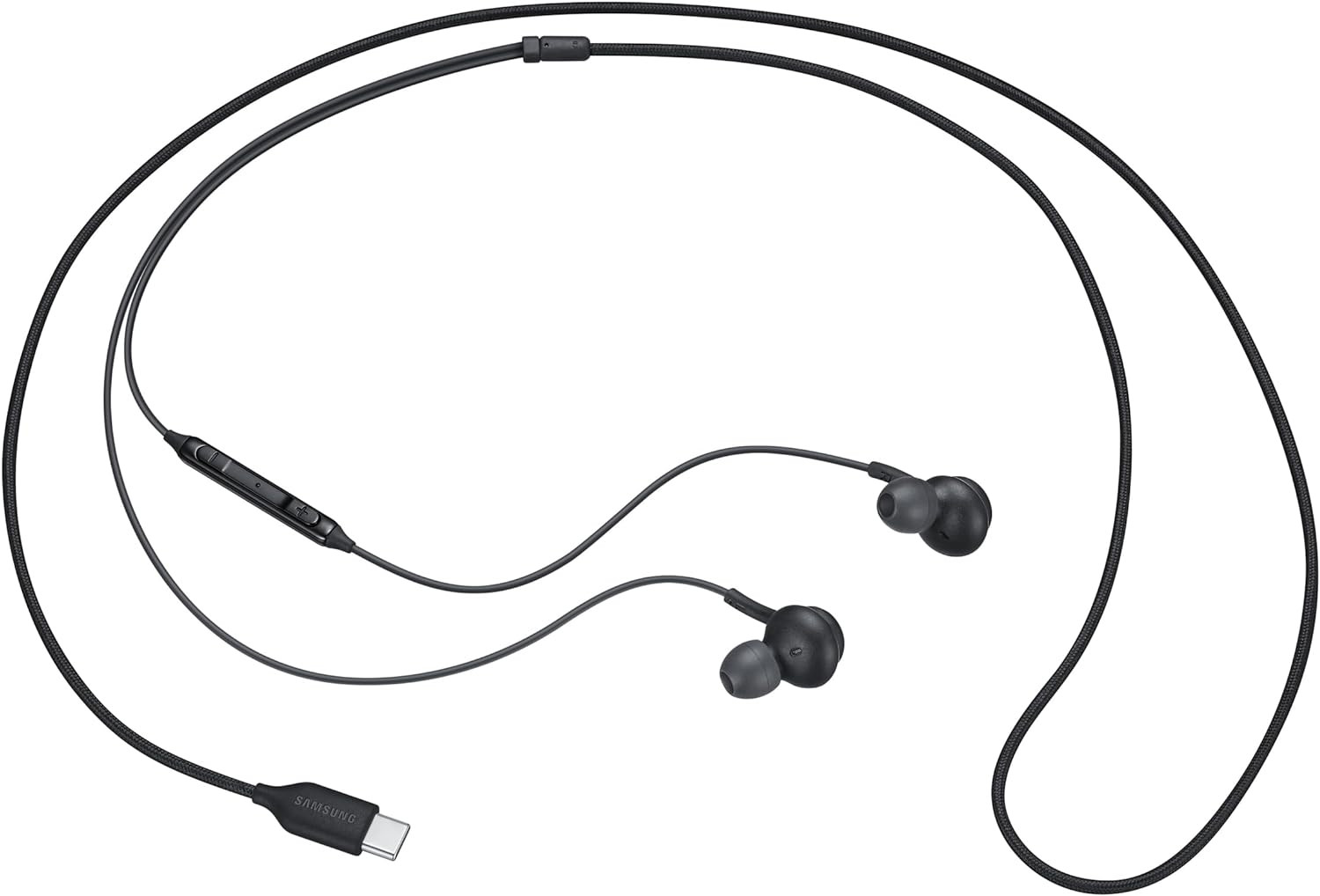 Auricolari Samsung neri con connettore USB-C e telecomando in linea.