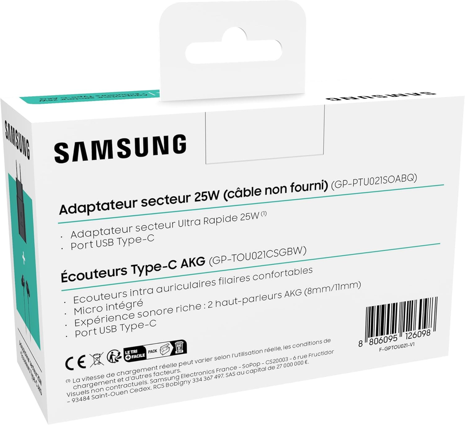 Caricatore Samsung 25W e auricolari AKG Type-C. Scatola bianca.