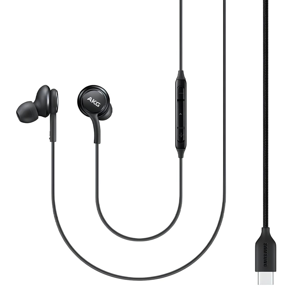 Auricolari AKG neri con controlli in linea e connettore USB-C.