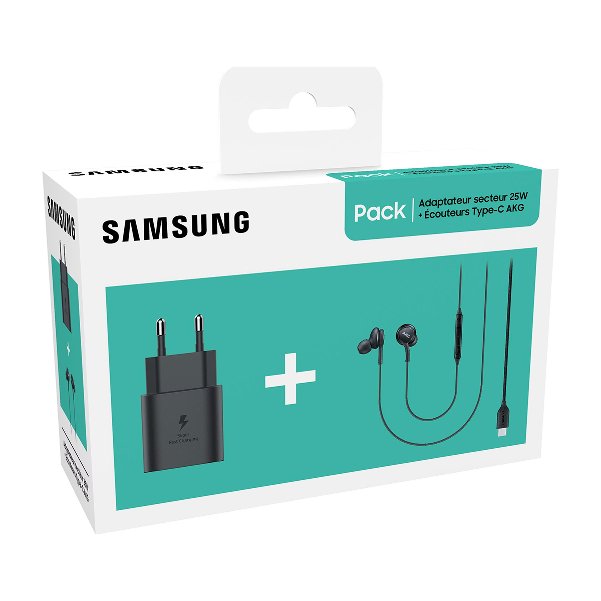 Caricatore Samsung 25W e auricolari AKG USB-C in confezione.
