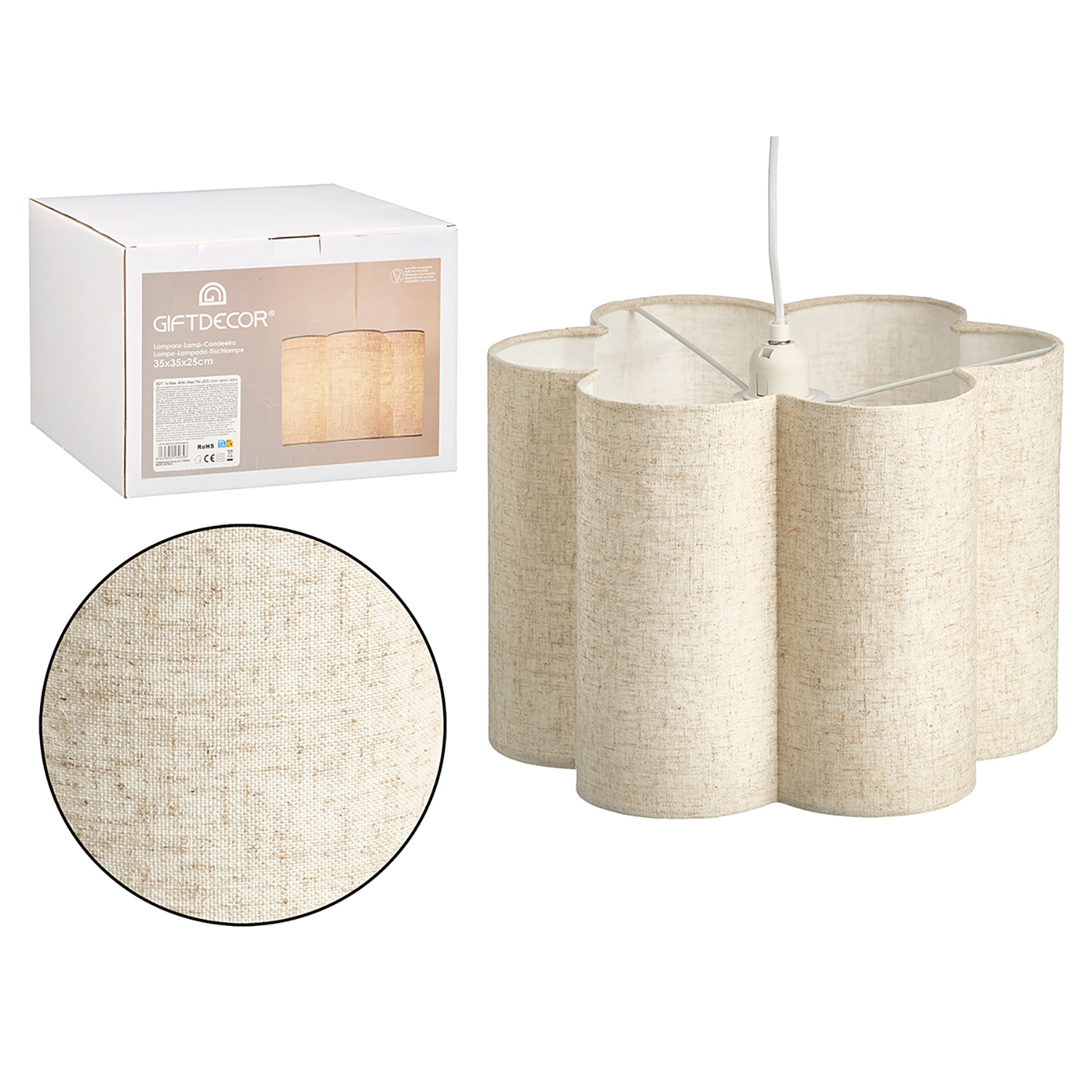 Pantalla de lámpara beige en forma de flor con cubierta de tela y primer plano.