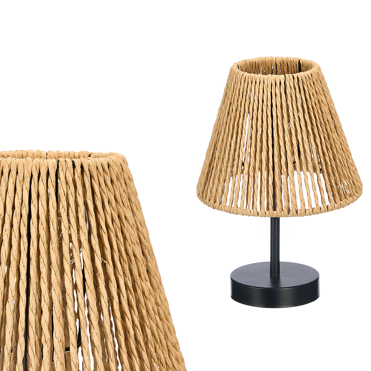 Una lámpara de mesa con pantalla de cuerda marrón y base negra.