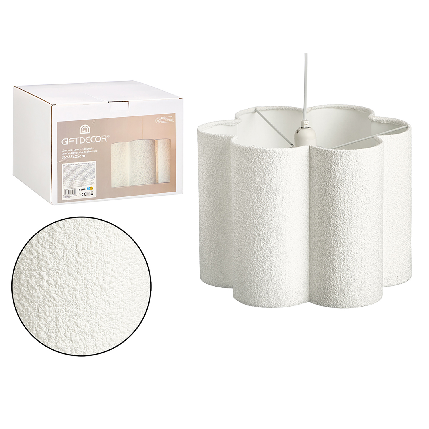 Pantalla de lámpara blanca texturizada, forma de flor, con caja y vista detallada.