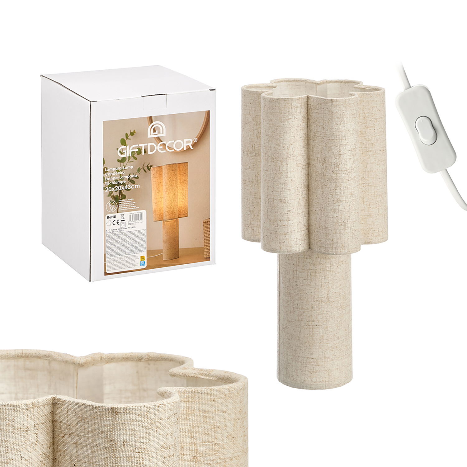 Pantalla de lámpara beige con patrón floral, cable con interruptor blanco, caja blanca.