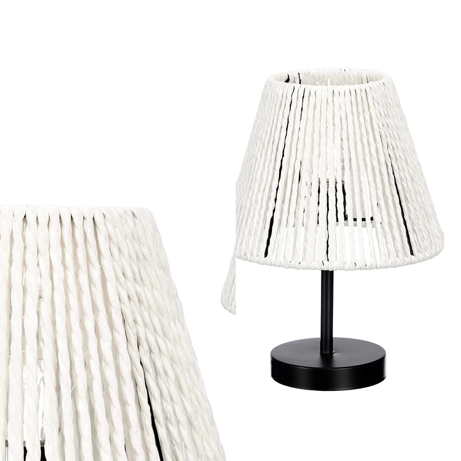 Lámpara de mesa blanca con pantalla de cuerda y base negra.