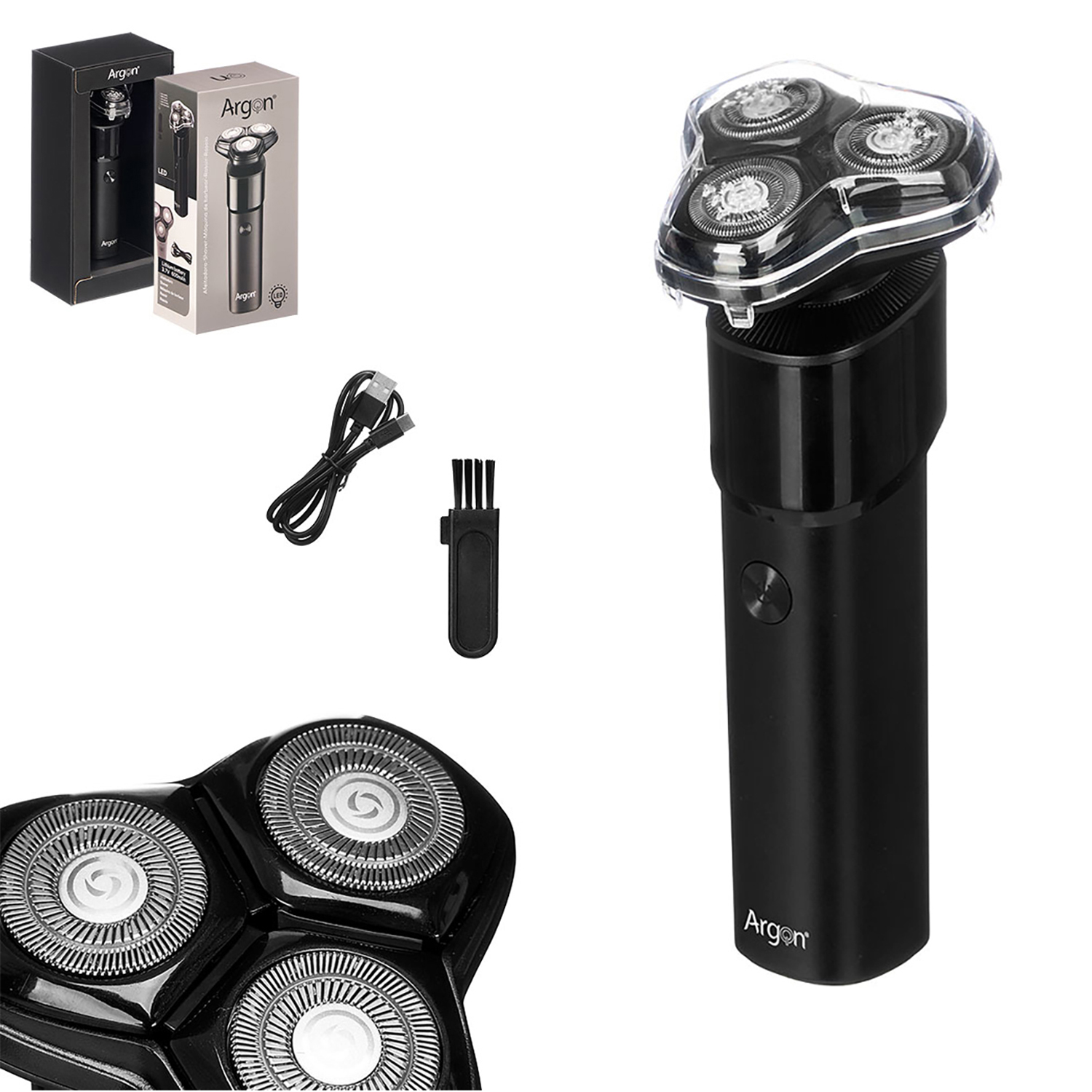 Un rasoio elettrico nero con tre lame rotanti e accessori.