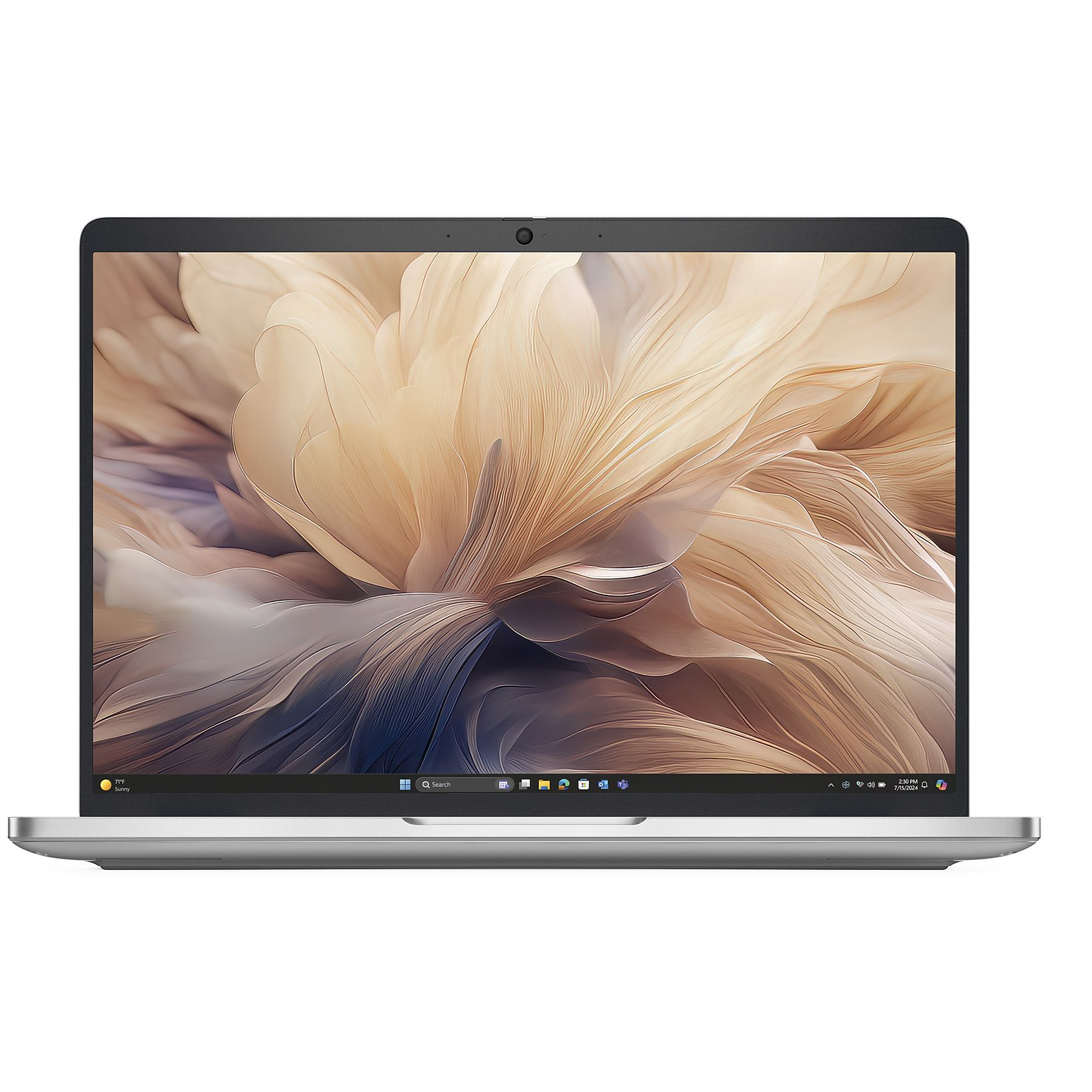 Un laptop aperto che mostra uno sfondo astratto e fluido.