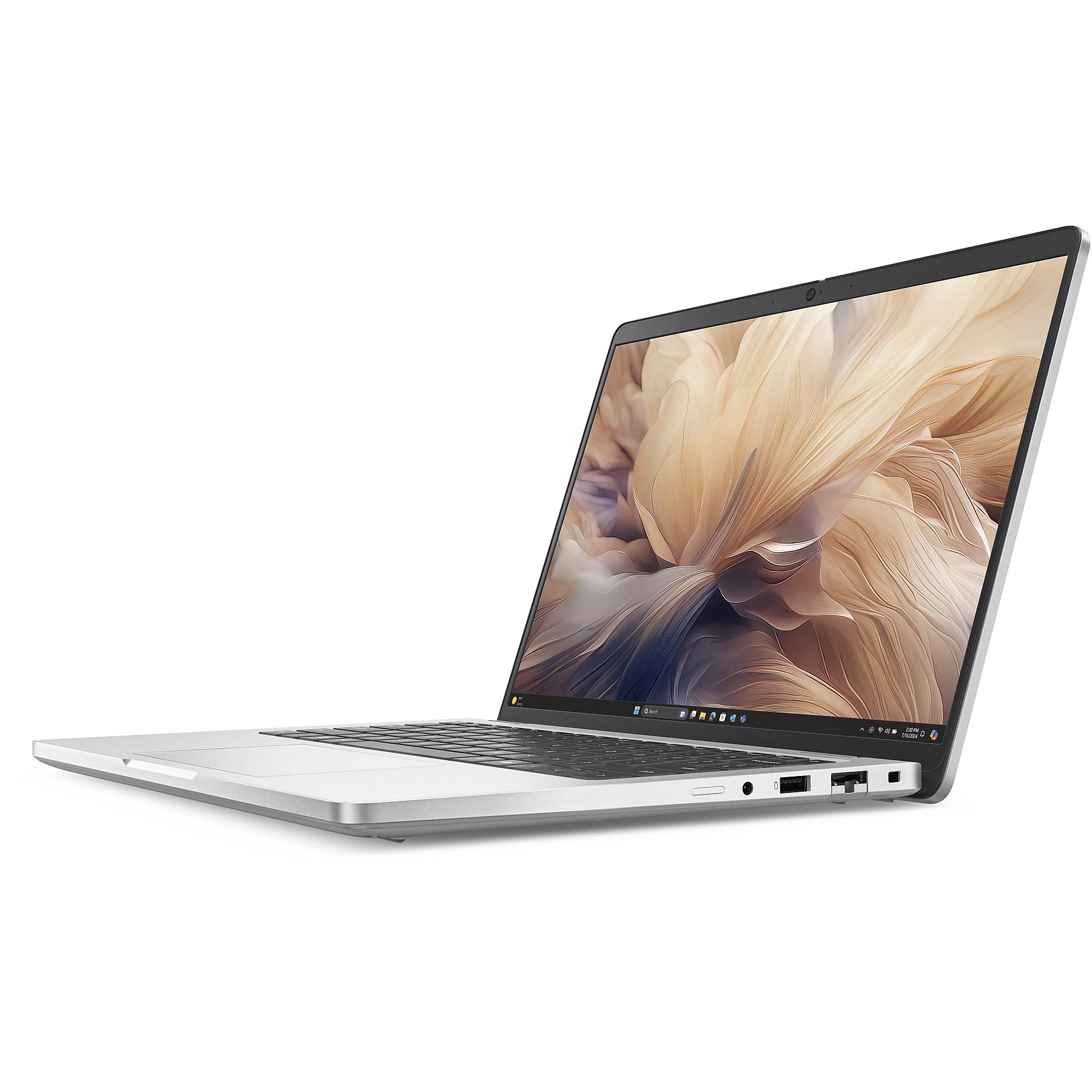 Un laptop argentato aperto con uno sfondo astratto sullo schermo.