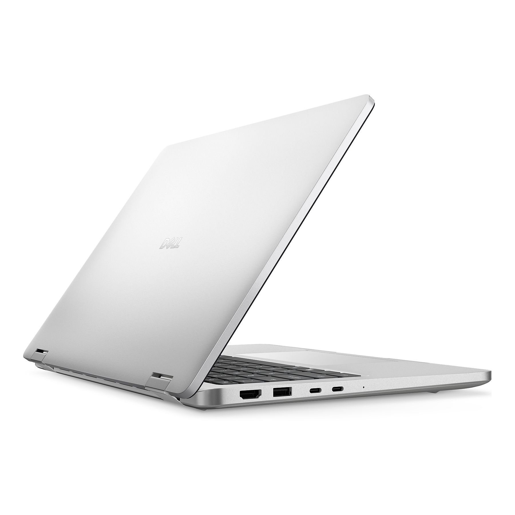 Un laptop Dell argentato con tastiera e porte è aperto.