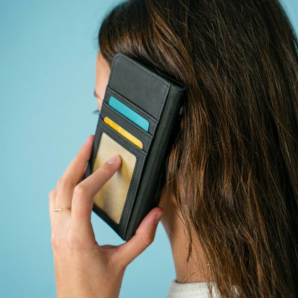 Femme parlant au téléphone avec un étui noir porte-cartes.