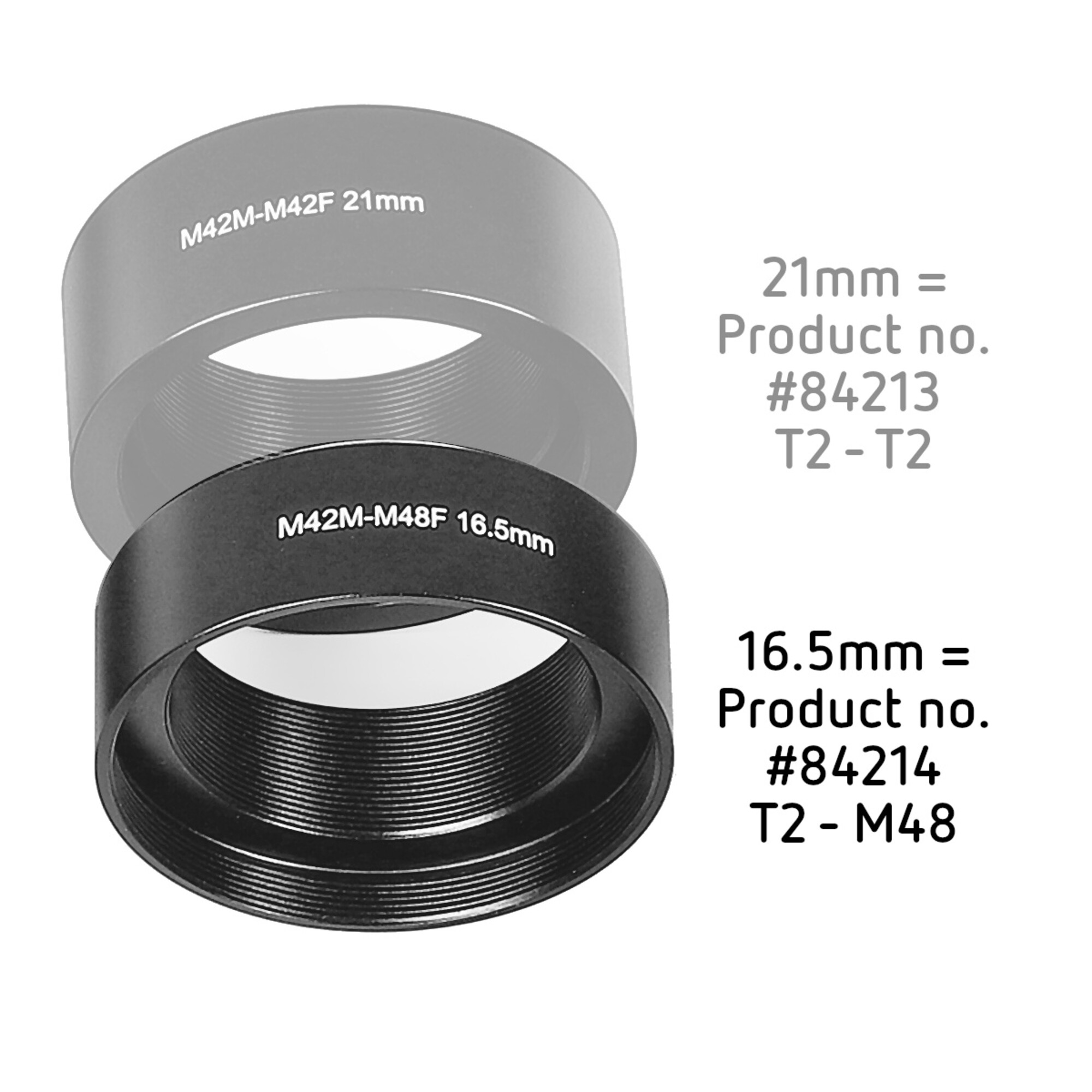 Zwei M42-Adapterringe: 21mm T2-T2 und 16.5mm T2-M48.