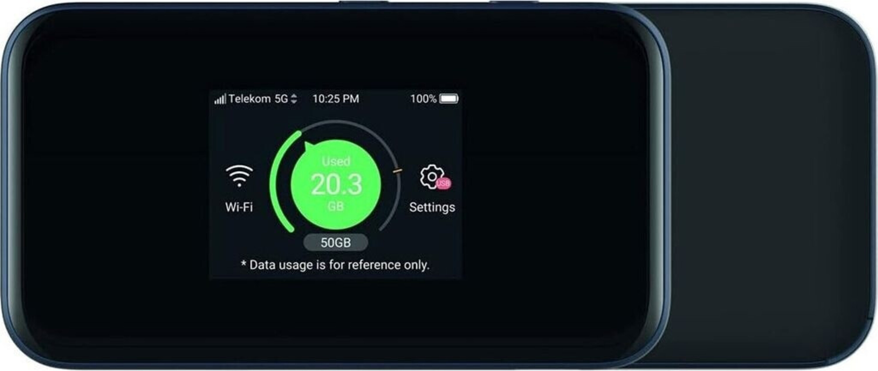 Ein dunkles 5G-Gerät mit einem Bildschirm, der 20,3 GB von 50 GB anzeigt.
