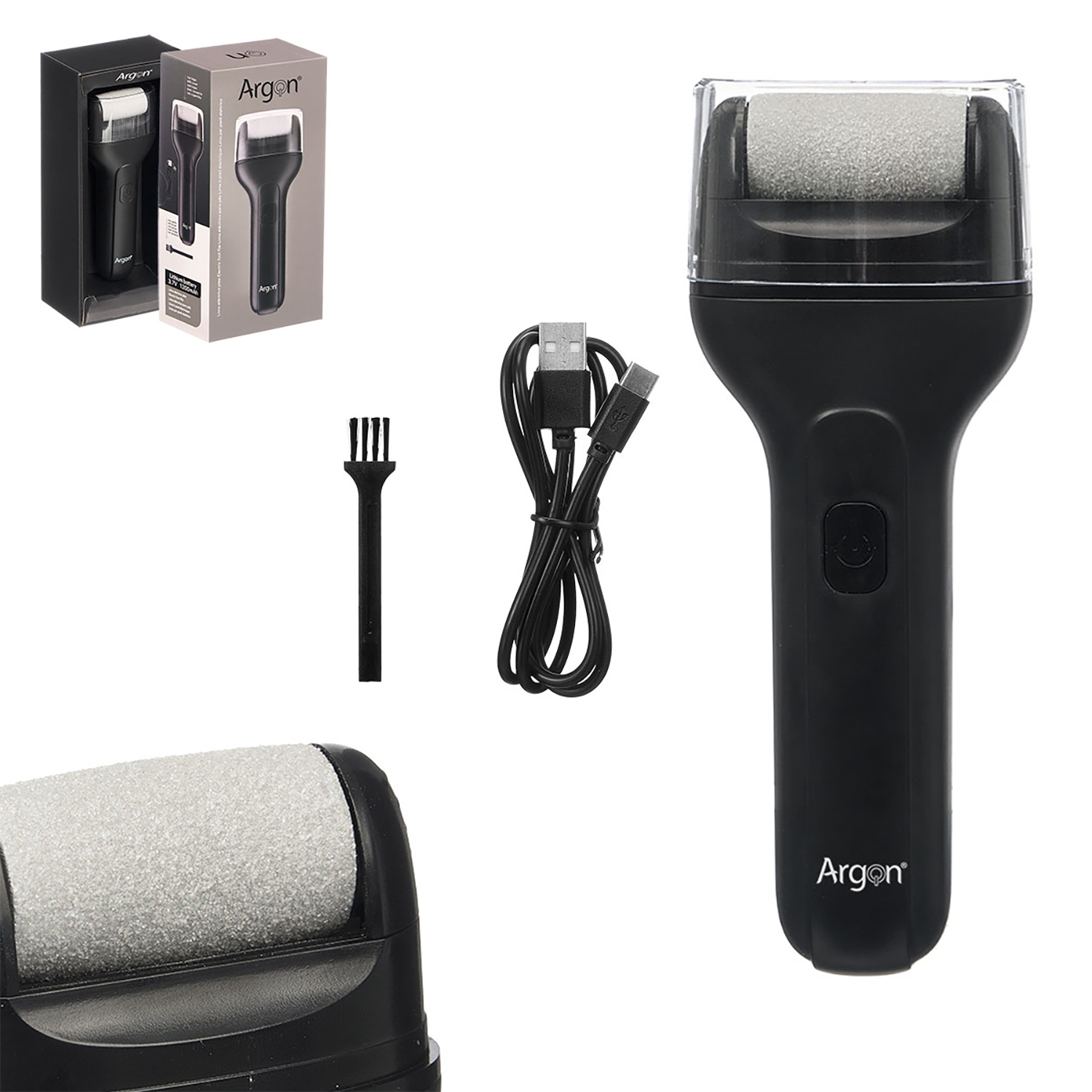 Un esfoliatore elettrico nero per calli con cavo USB e spazzola.