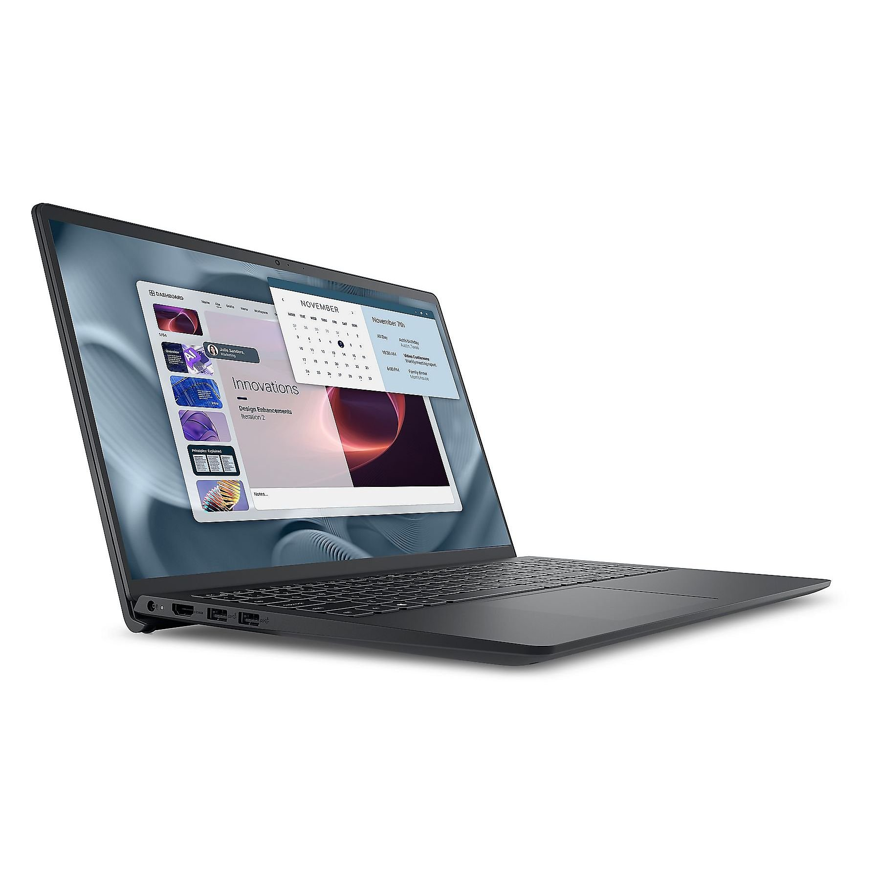 Un laptop nero con lo schermo aperto, che mostra un calendario e una presentazione.