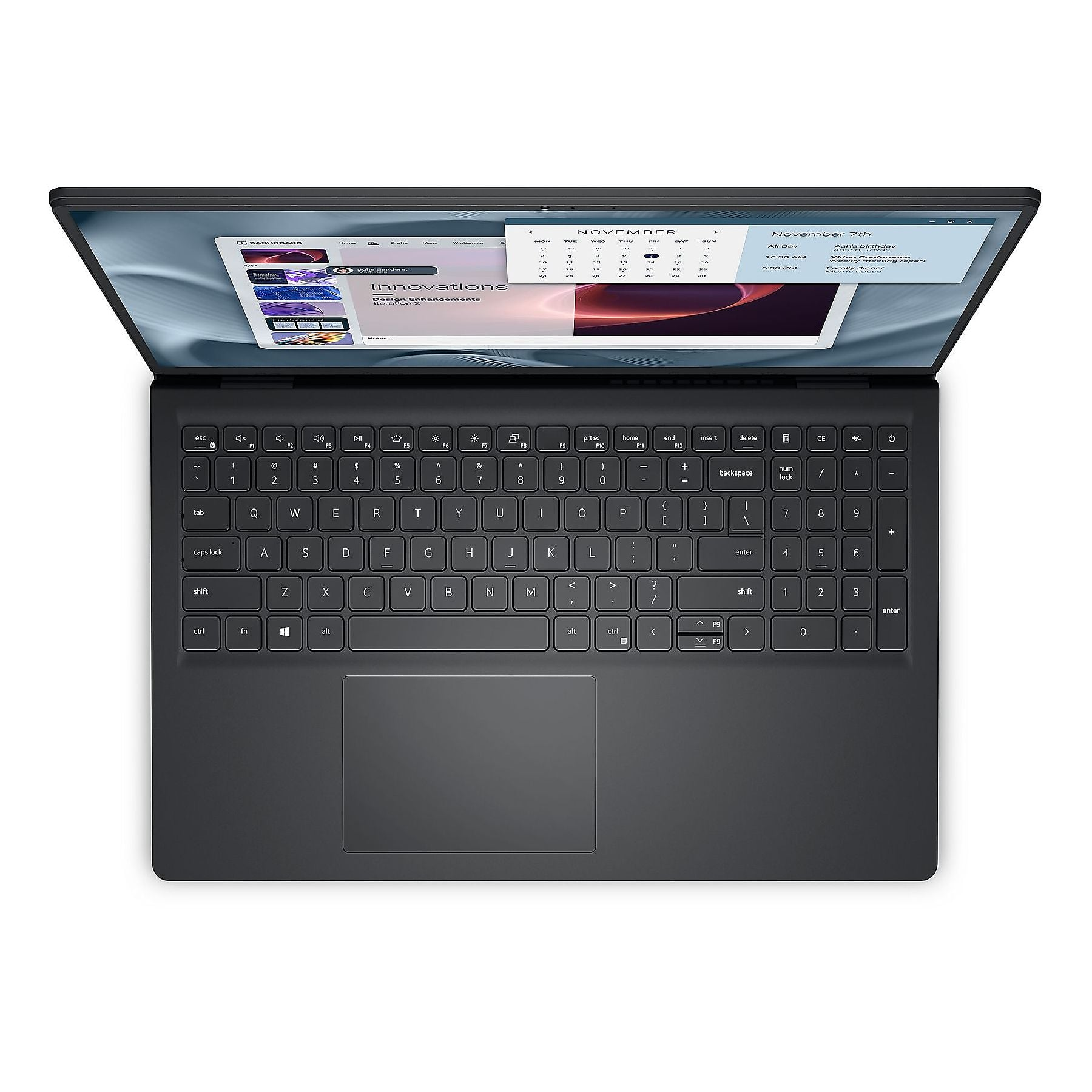 Laptop nero con schermo aperto che mostra calendario e vista innovazioni.
