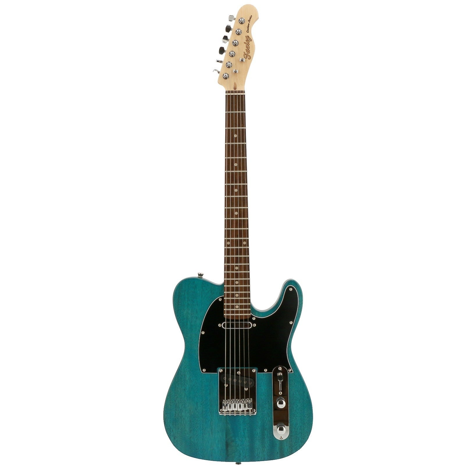 Een teal elektrische gitaar met zwart slagplaat en chromen hardware.