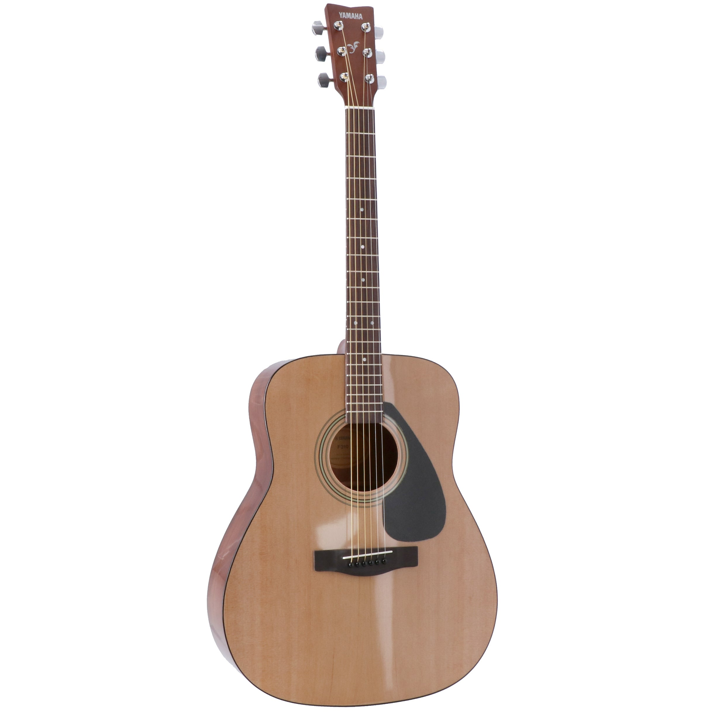 A brown Yamaha acoustic guitar with six strings on a white background.