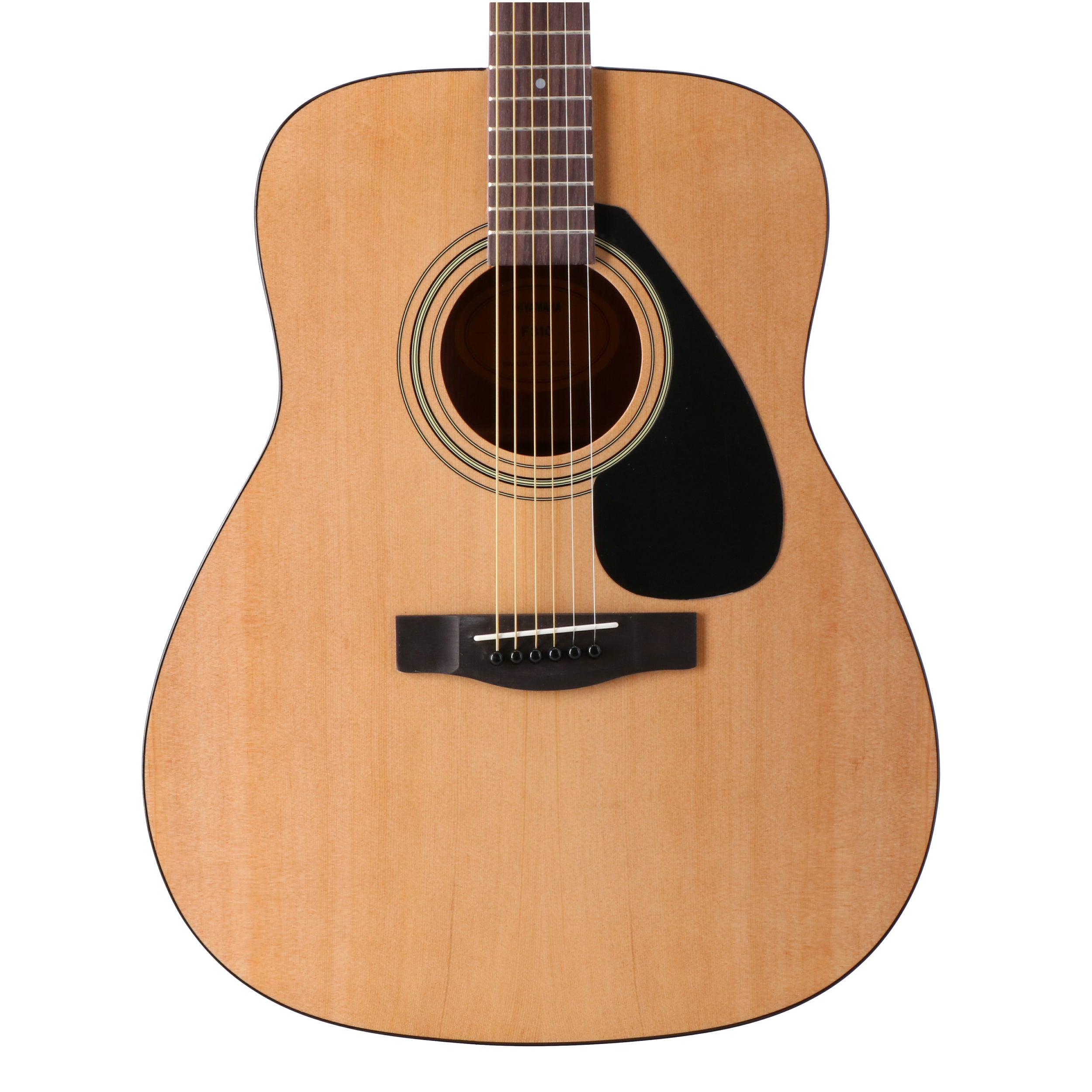 A close-up of a light brown acoustic guitar with six strings.
