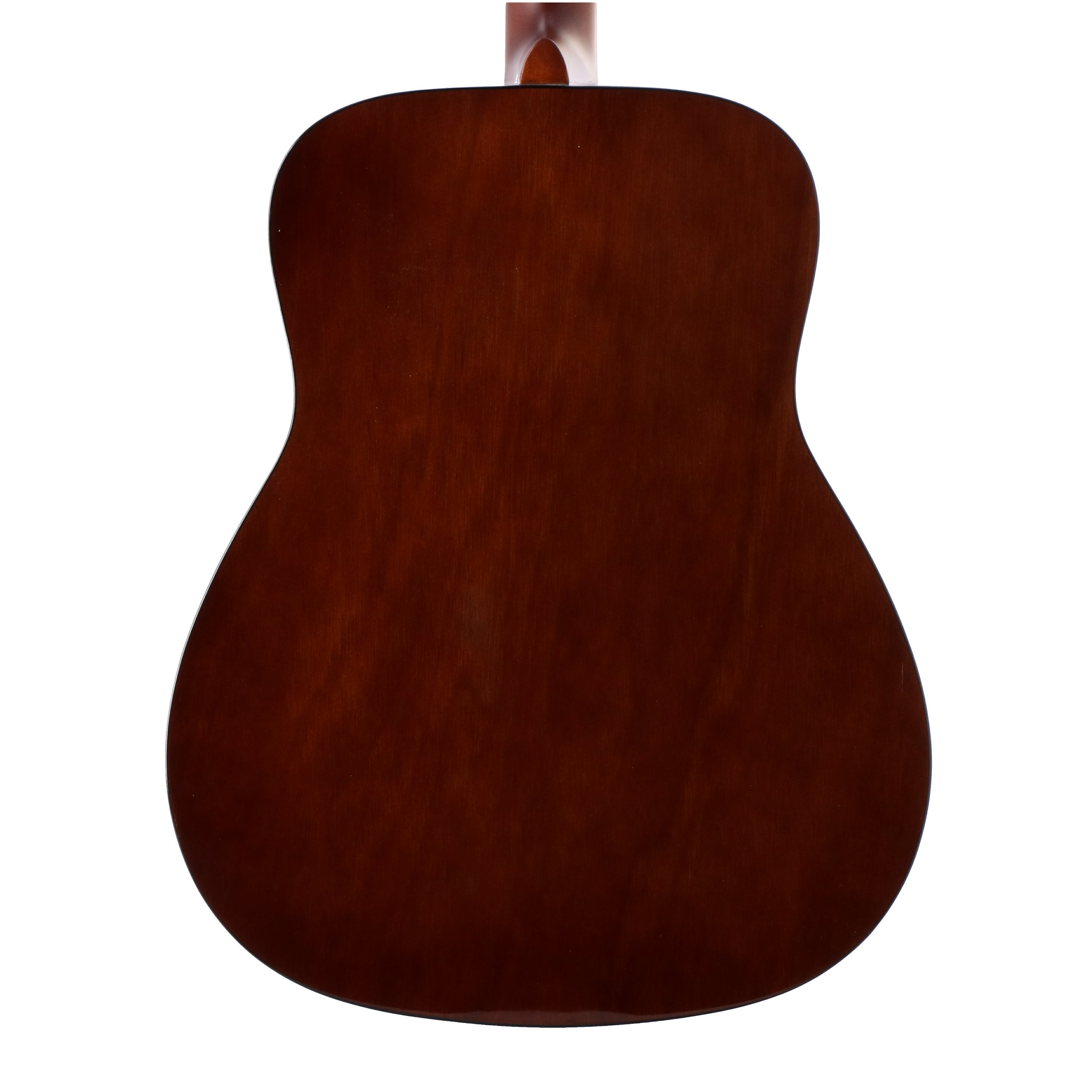 Back of a brown acoustic guitar against a white background.